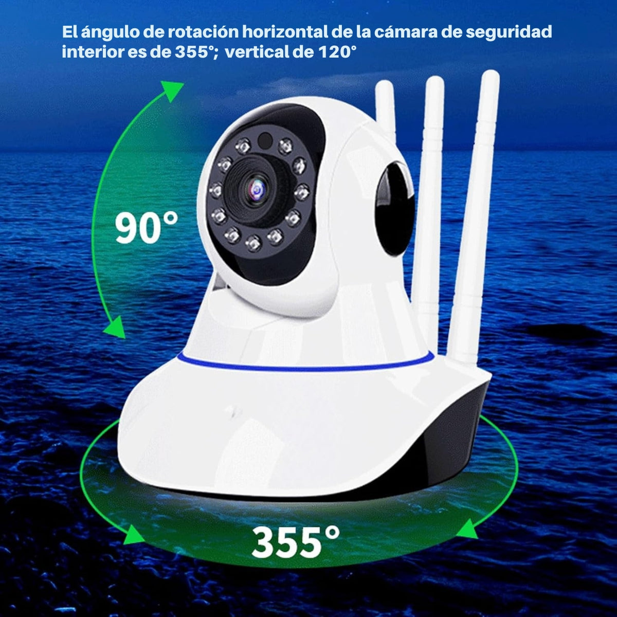Una cámara de seguridad blanca con tres antenas, flechas que muestran ángulos de rotación. El texto indica que la rotación horizontal es 355° y la vertical 120°.