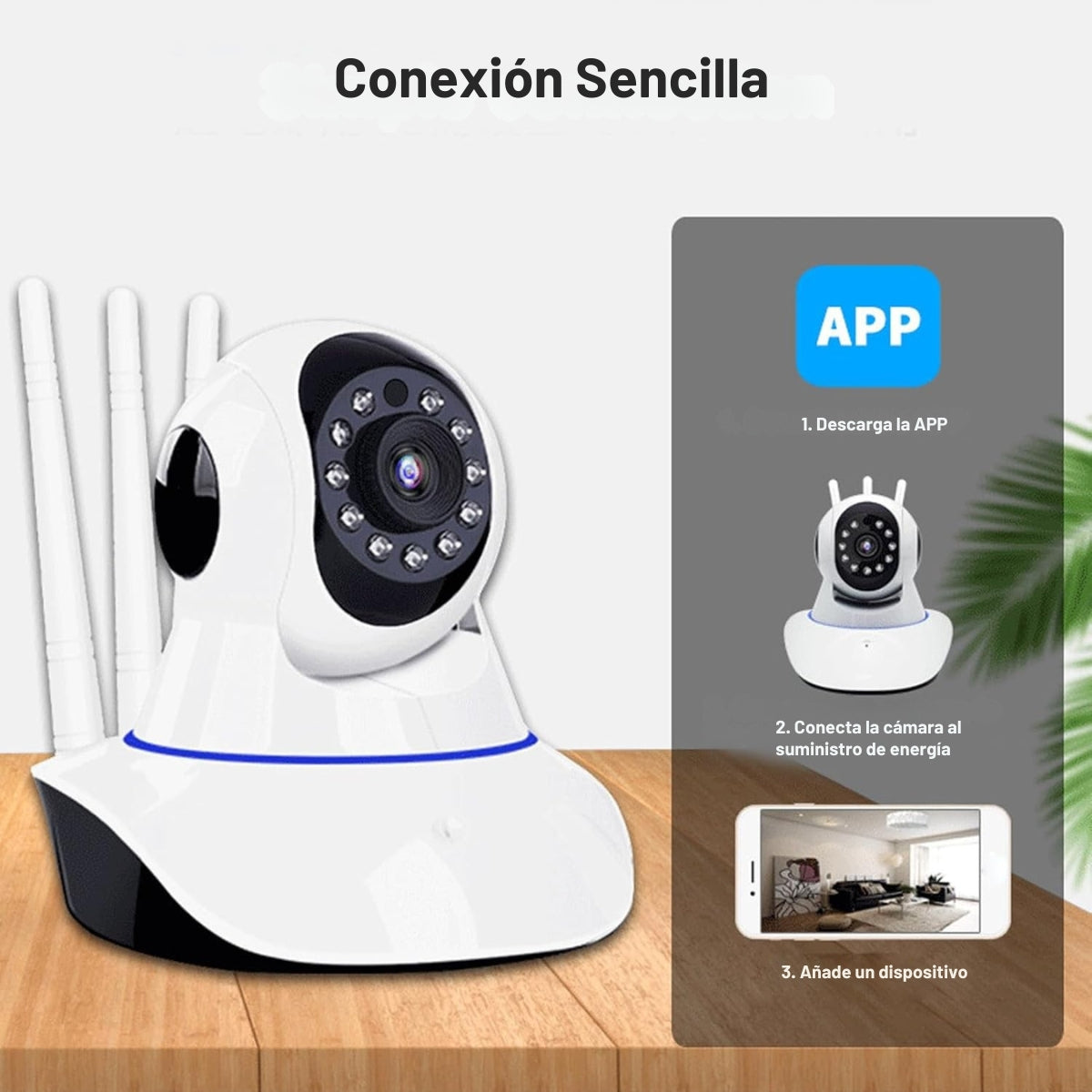 Cámara de seguridad blanca con antenas y diagrama que muestra la descarga de la aplicación, conexión de energía y configuración del dispositivo.