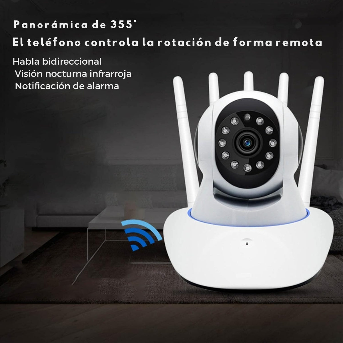 Una cámara de seguridad blanca con antenas y base azul. El texto indica características como rotación remota y visión nocturna.