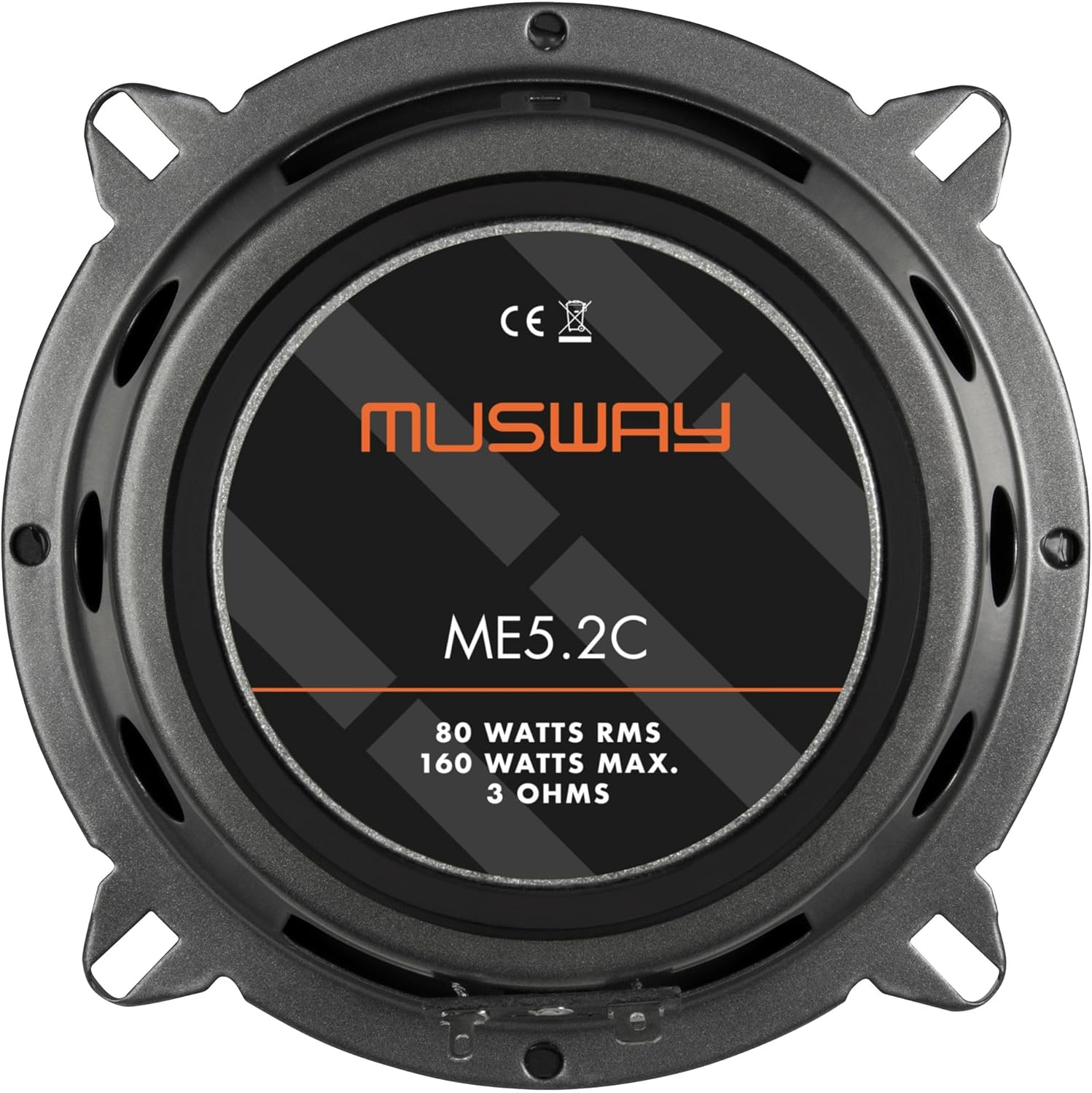Nahaufnahme eines Lautsprechers. Er hat eine schwarze Mitte mit orangefarbenem Text 'MUSWAY' und 'ME5.2C'. Der Rahmen ist grau mit Befestigungslöchern.