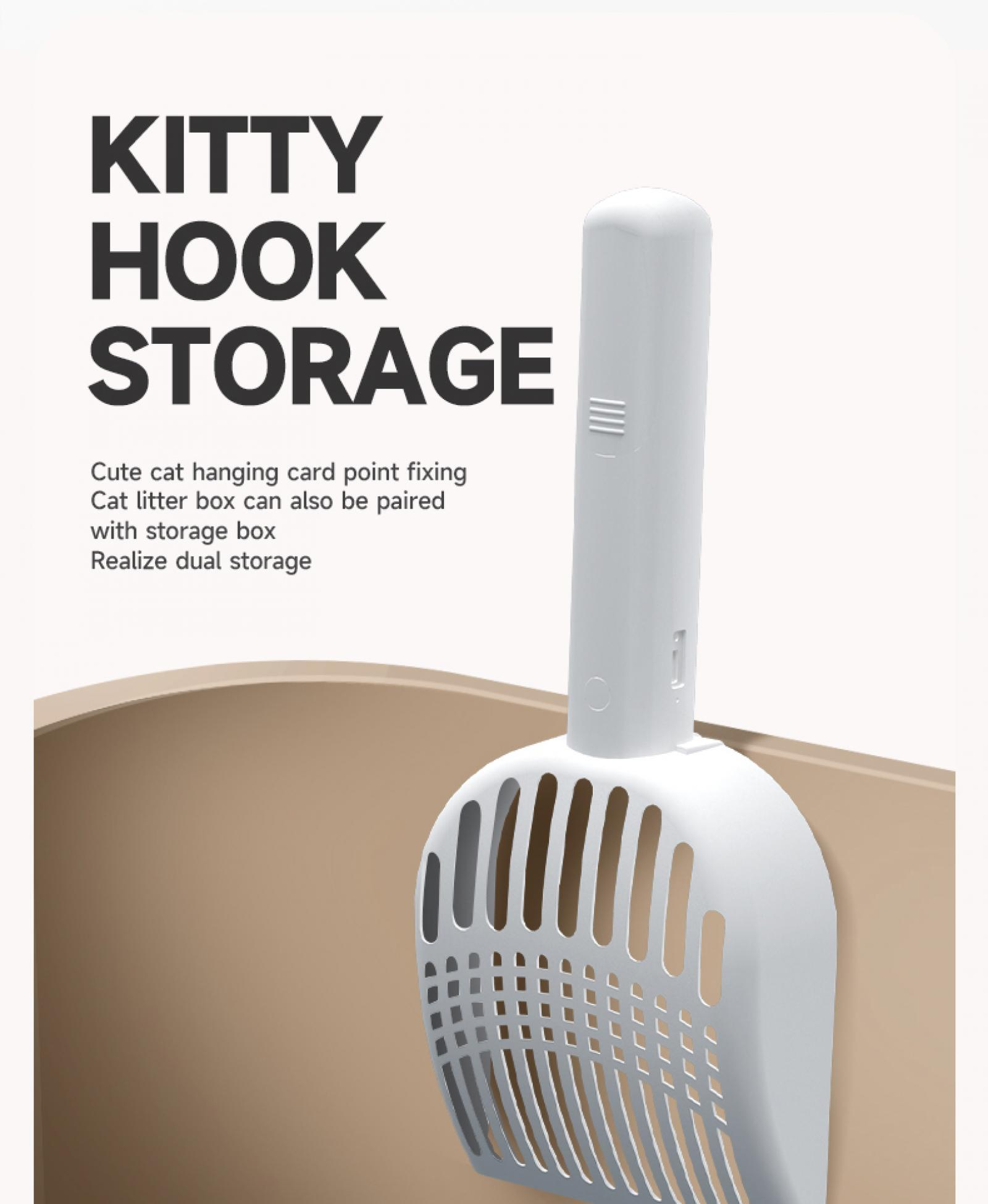 Weißer Katzenstreuschaufel mit langem Griff. Text oben: KITTY HOOK STORAGE. Hintergrund ist ein beiger Behälter.