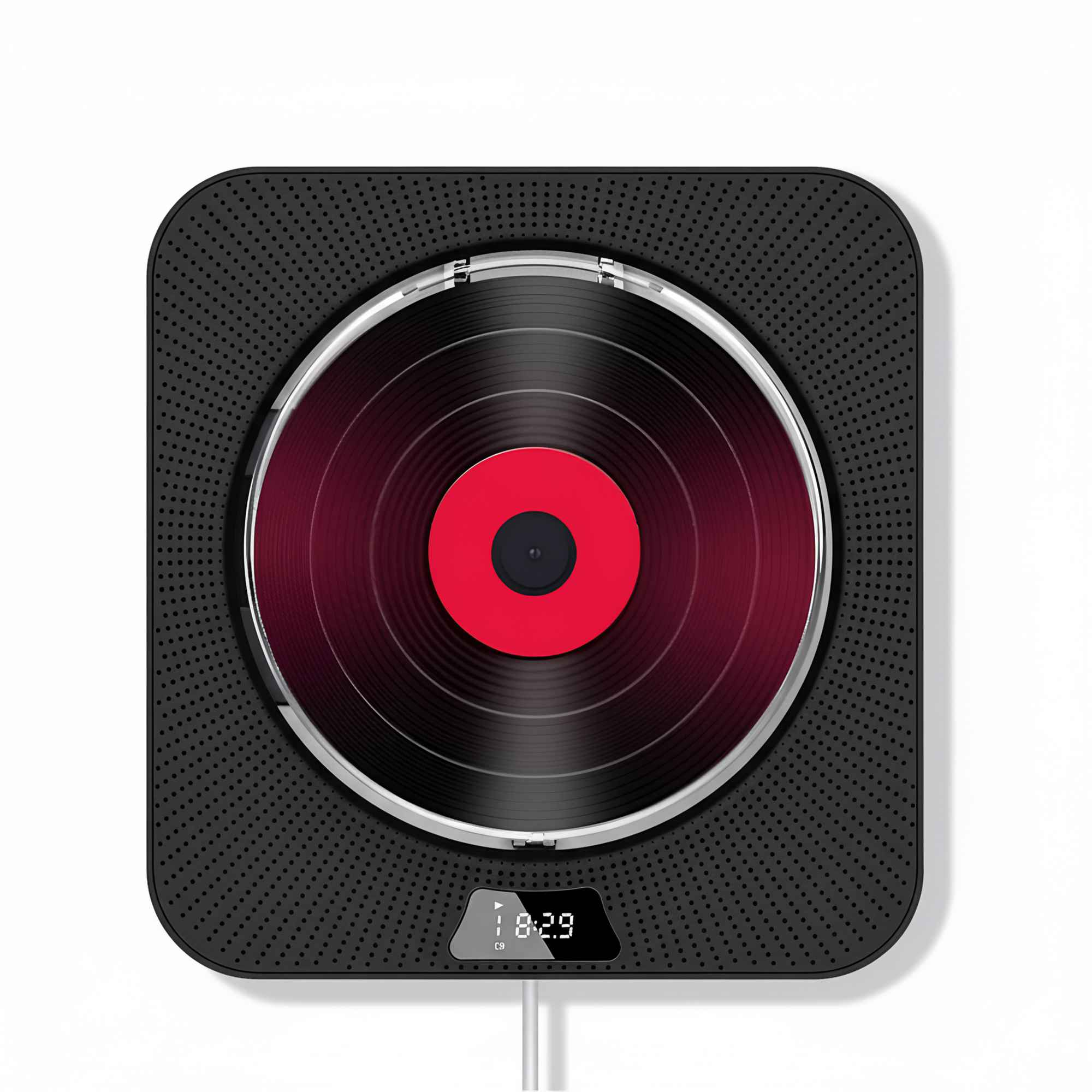 Ein schwarzer CD-Player mit einer roten, vinylartigen Disc im Inneren. Das Display zeigt die Zeit. Der Hintergrund ist weiß.