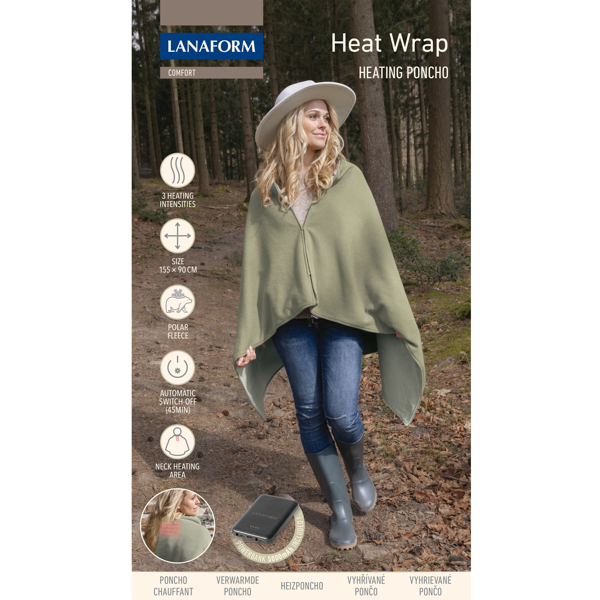 Femme en poncho chauffant vert, chapeau blanc, dans une forêt.