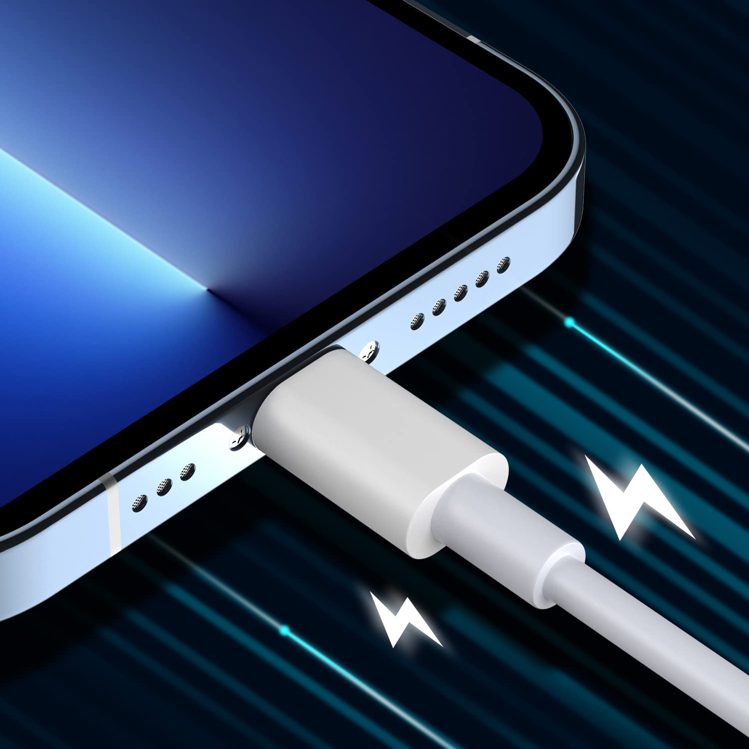 Ein weißes Ladekabel ist mit einem Telefon verbunden. Blitze zeigen das Laden an. Das Telefon ist blau und silber.