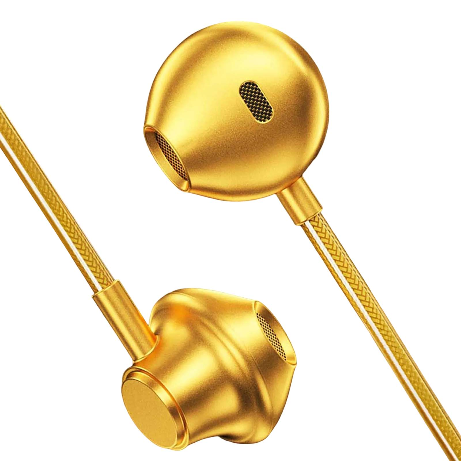 Nahaufnahme von goldenen Ohrhörern. Sie sind In-Ear-Stil mit einer Netzöffnung. Das Kabel ist ebenfalls goldfarben.