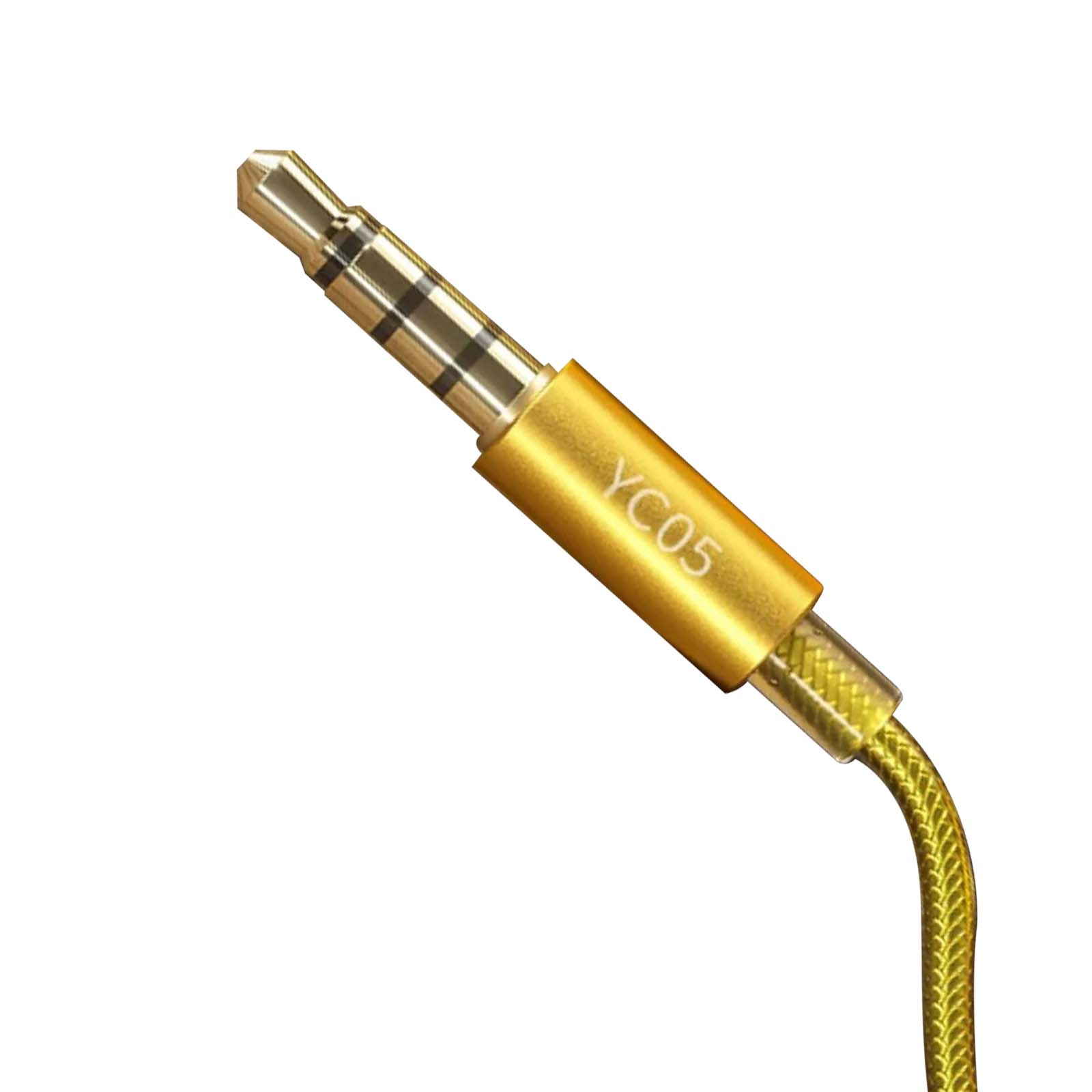 Ein goldfarbener 3,5-mm-Audioanschluss. Der Stecker ist mit 'YC05' beschriftet und ist mit einem goldfarbenen geflochtenen Kabel verbunden.