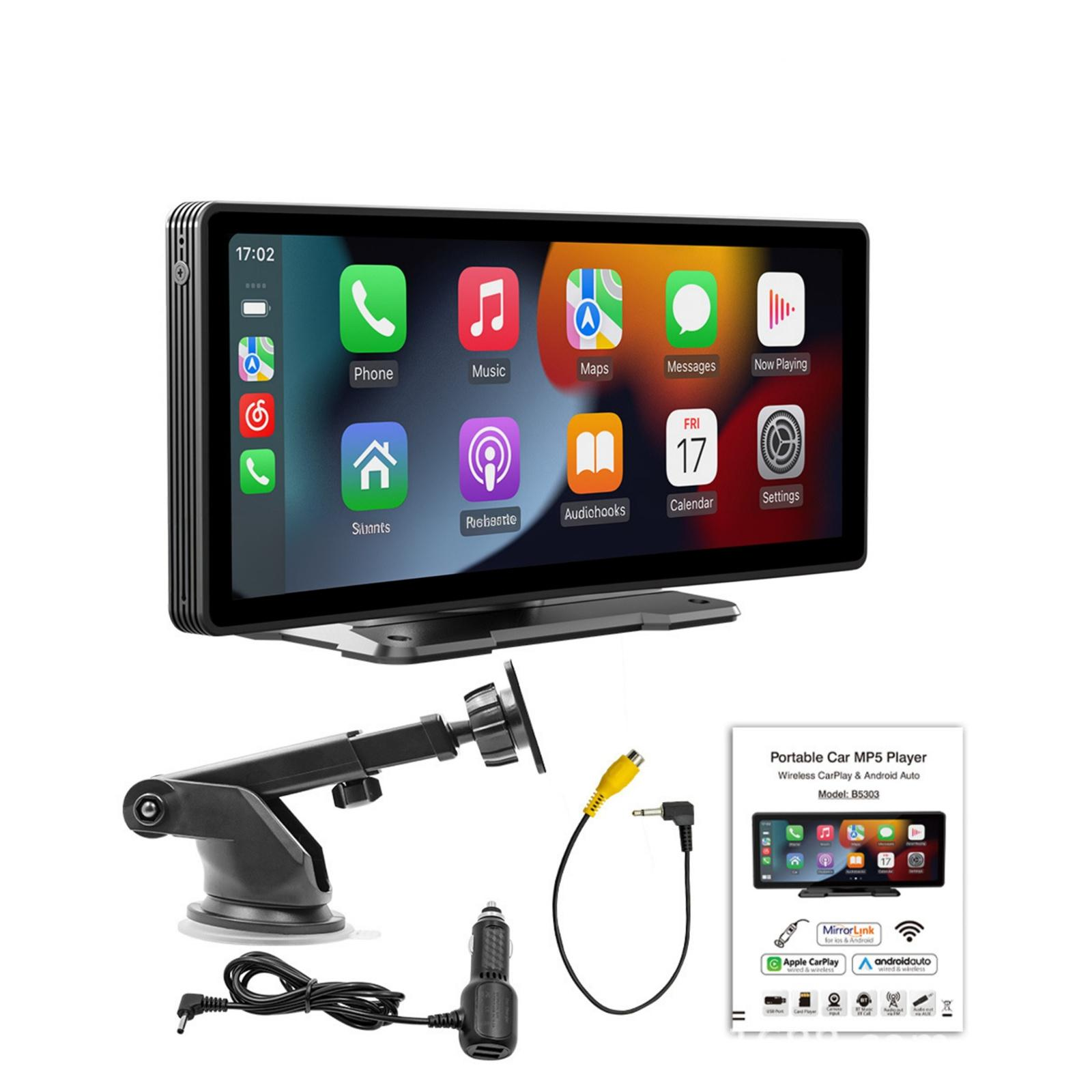 Auto-MP5-Player mit Touchscreen, der App-Symbole anzeigt. Enthält Montagezubehör, Kabel und eine Produktbeschreibung.