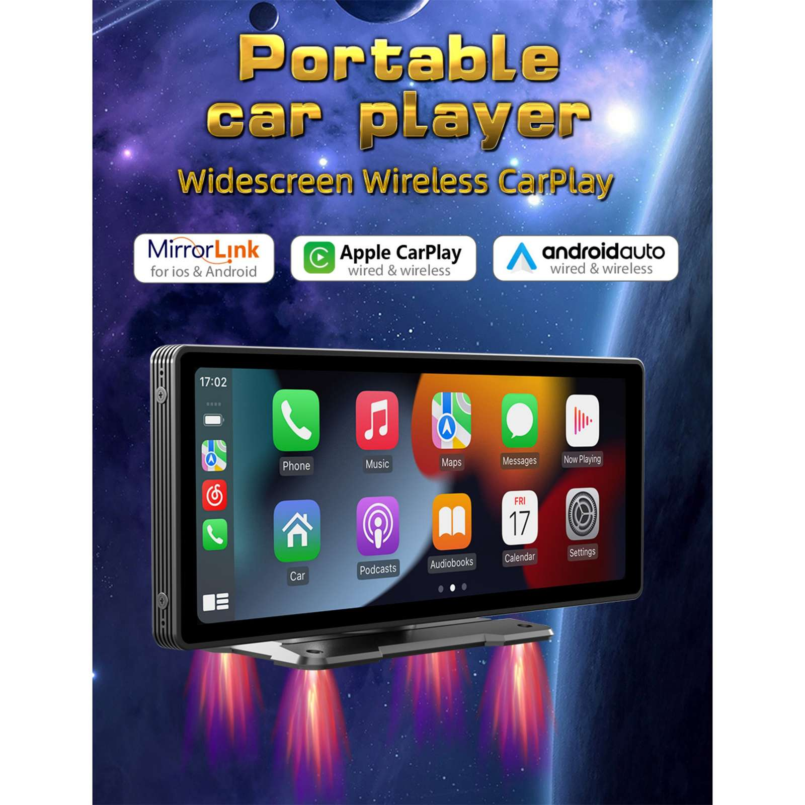 Auto-Player-Bildschirm mit Apps, Apple CarPlay, Android Auto und MirrorLink. Text: Tragbarer Auto-Player, Widescreen Wireless CarPlay.