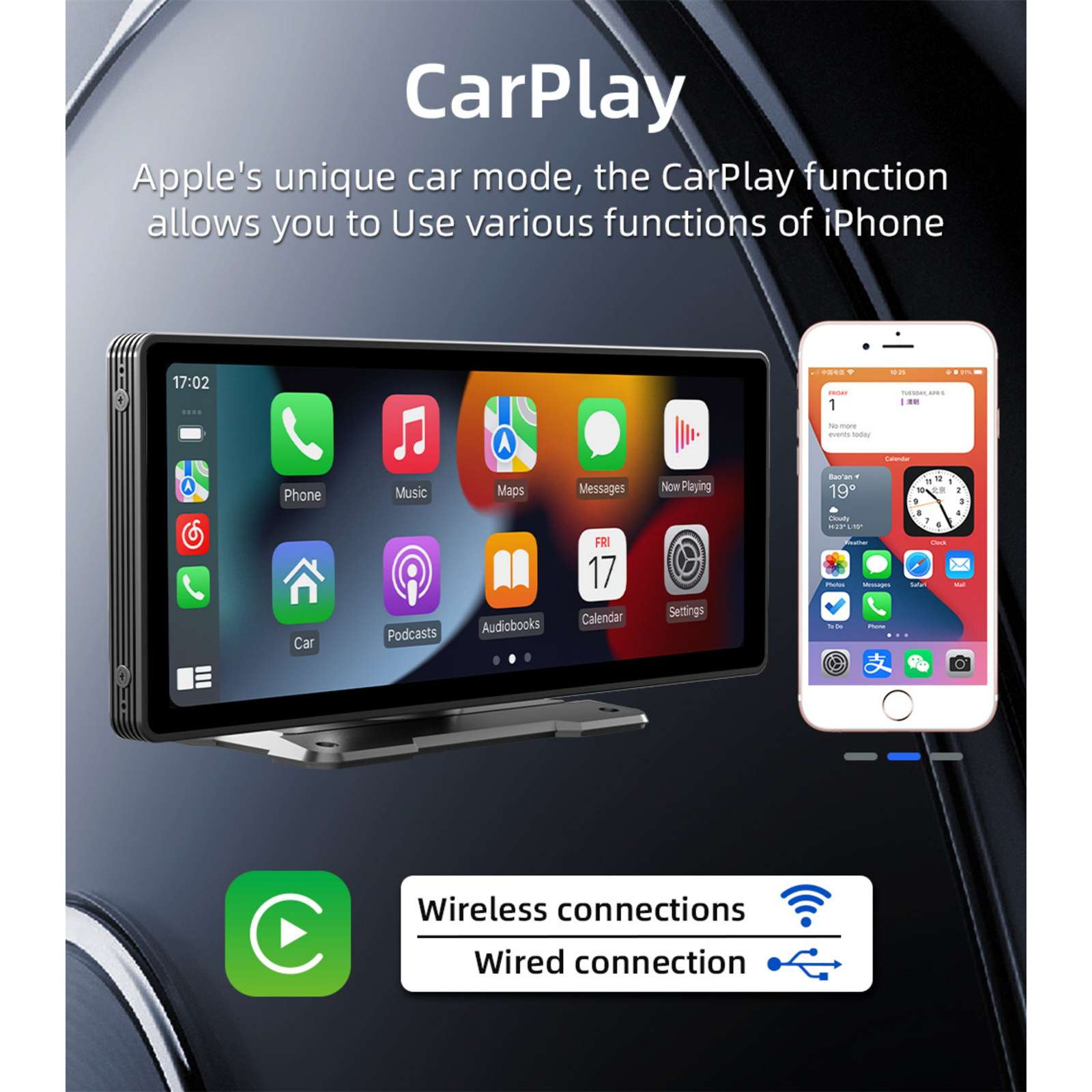 CarPlay-Bildschirm zeigt App-Symbole, ein iPhone rechts und Verbindungsmöglichkeiten unten. Das Display ist in einem Auto.