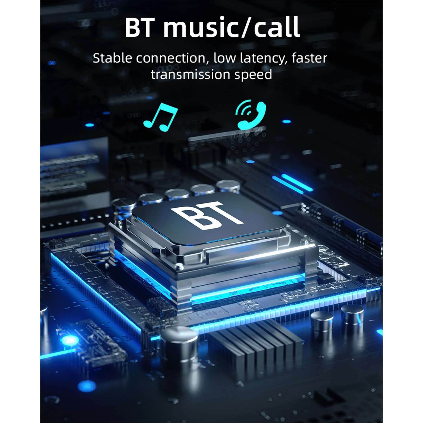 Eine Platine mit 'BT'. Text: BT Musik/Anruf, stabile Verbindung, geringe Latenz, schnellere Geschwindigkeit.