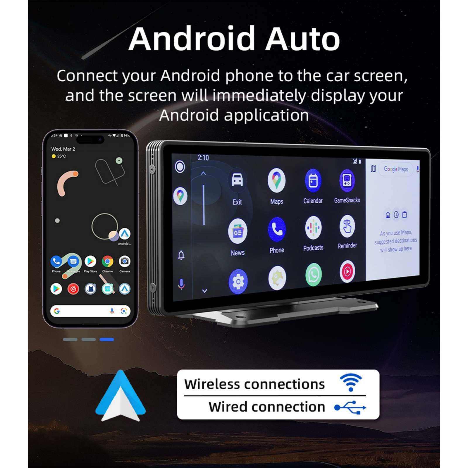 Android Auto-Oberfläche mit Telefon und Auto-Bildschirm. Zeigt Apps wie Maps, Phone und Podcasts mit Verbindungsoptionen.