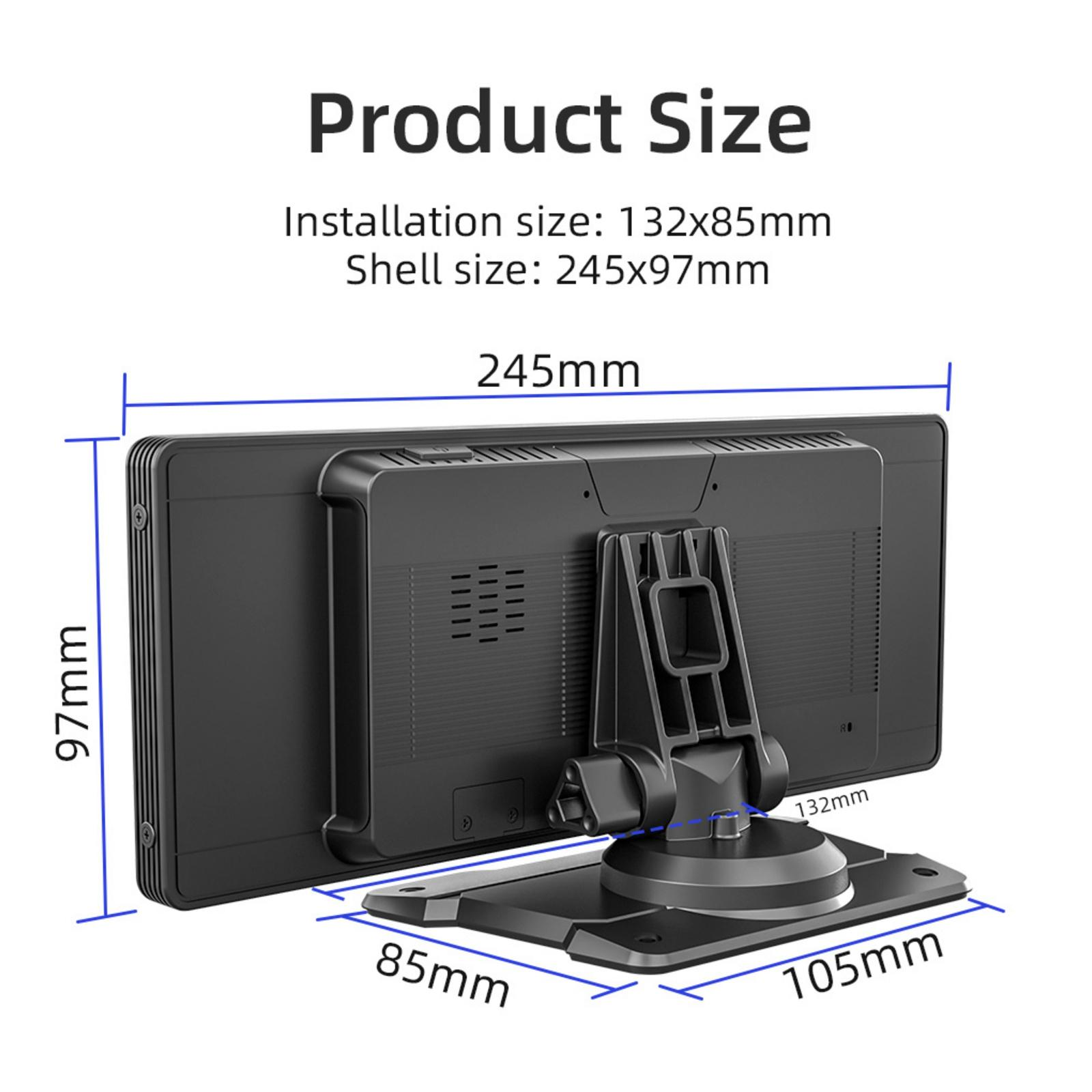 Ein schwarzer Monitor mit Abmessungen wird angezeigt. Text zeigt Produktgröße, Installation und Gehäusegrößen.