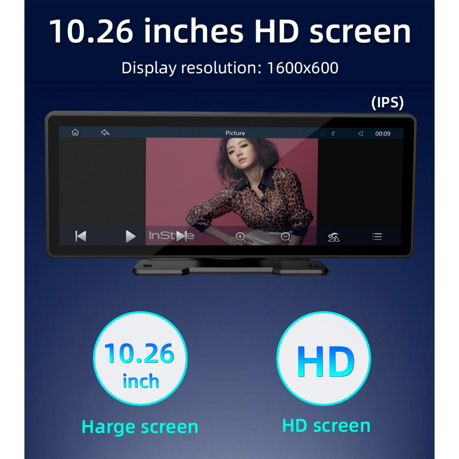 Ein Bildschirm zeigt eine Frau. Text enthält '10,26 Zoll HD-Bildschirm' und 'HD-Bildschirm'.