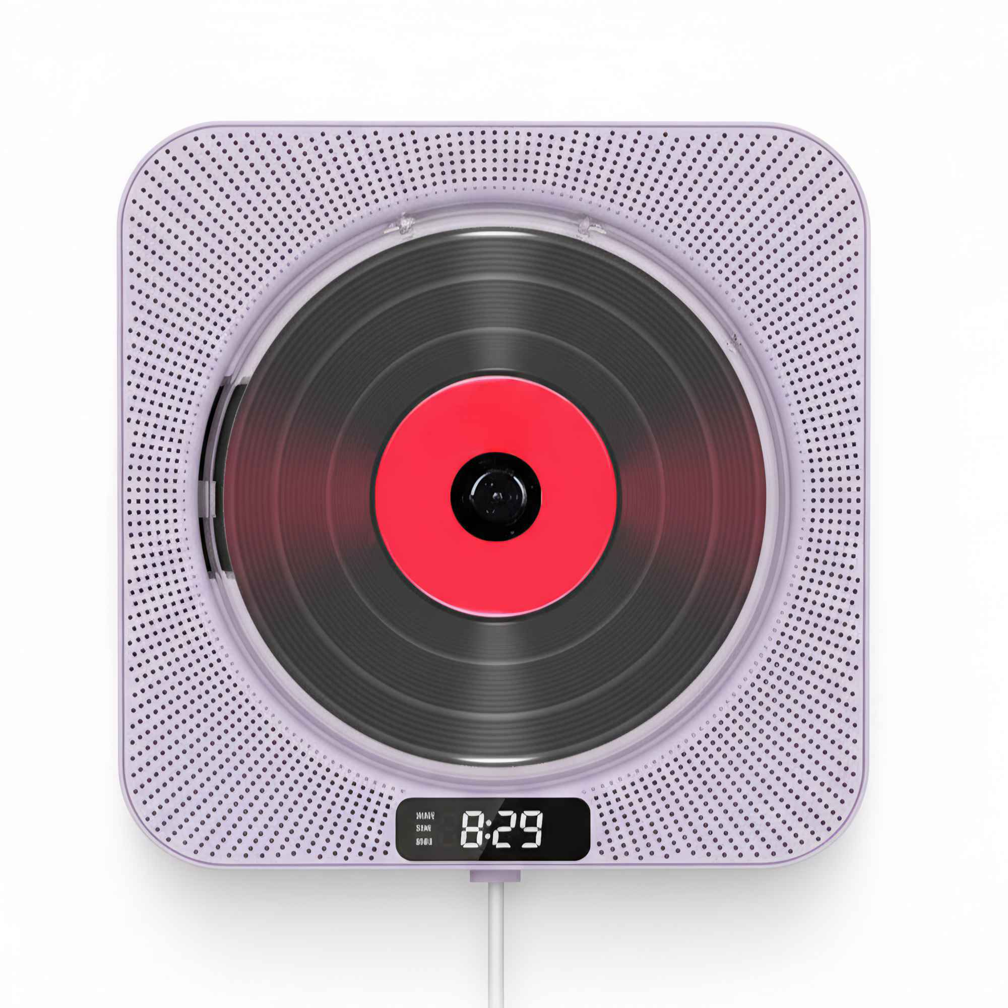 Ein lila CD-Player mit einer roten CD, die die Uhrzeit 8:29 anzeigt. Er steht auf weißem Hintergrund.