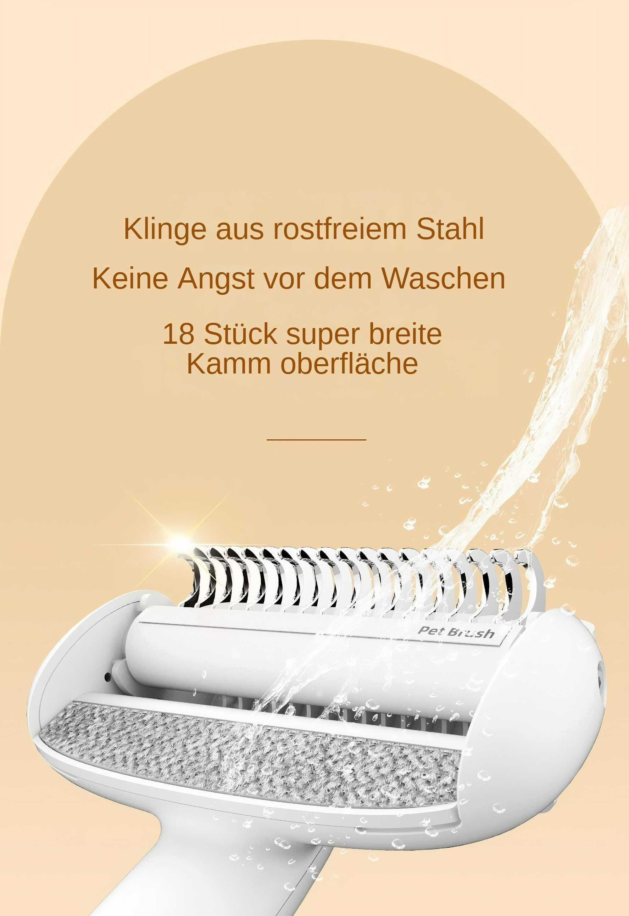 Eine weiße Haustierbürste mit Edelstahlklingen. Wasser fließt darüber. Text oben.