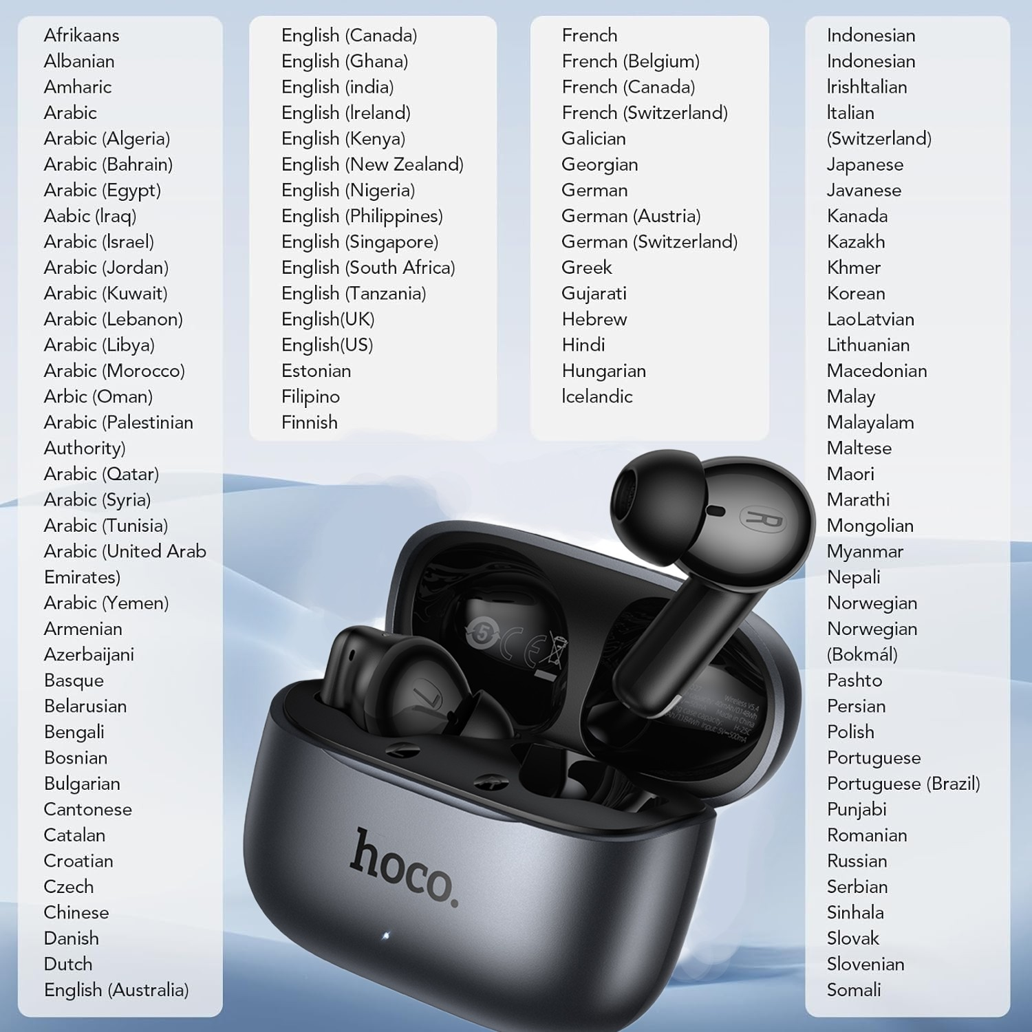 Schwarze Ohrhörer in einem Ladekoffer mit der Aufschrift 'hoco'. Eine Liste von Sprachen umgibt es.