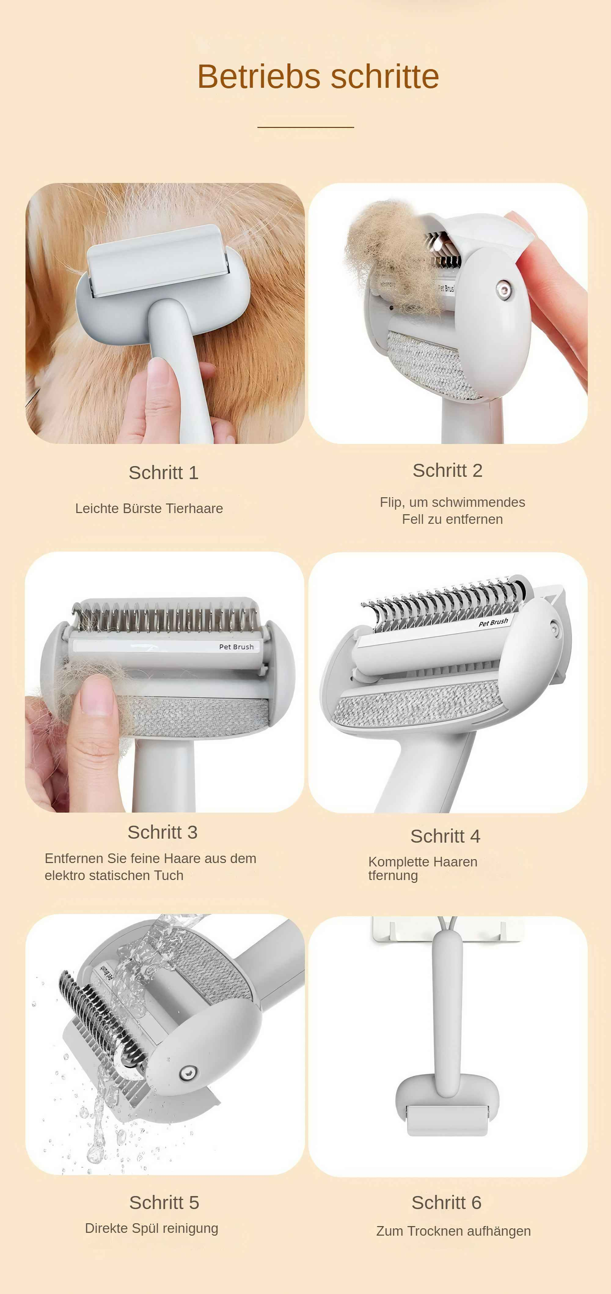 Anleitung für einen Tierhaarentferner: Bürsten, Haare entfernen, reinigen und zum Trocknen aufhängen. Die Schritte sind nummeriert.