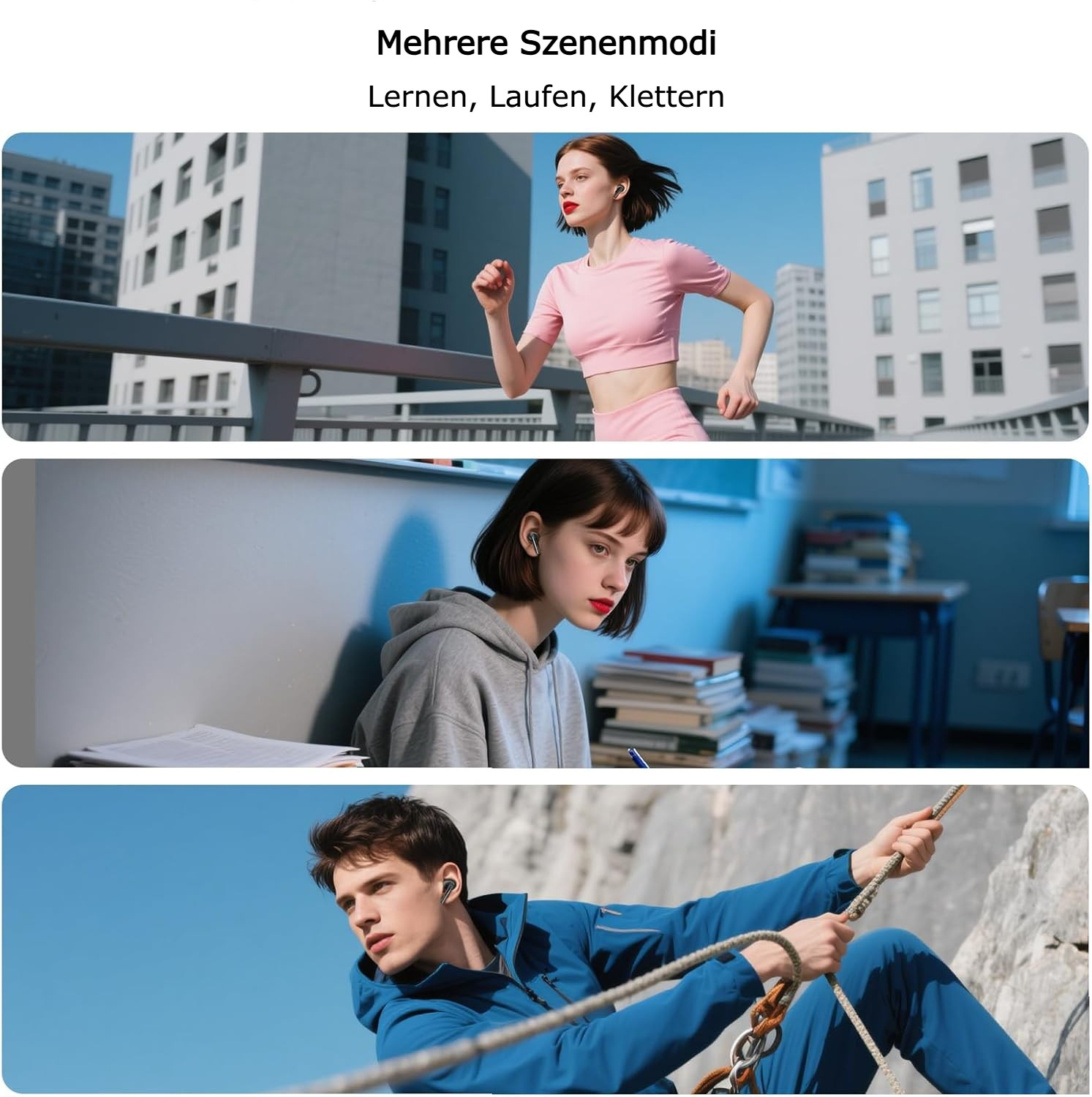 Das Bild zeigt drei Szenen: eine Frau beim Laufen, eine Frau beim Lernen und ein Mann beim Klettern.