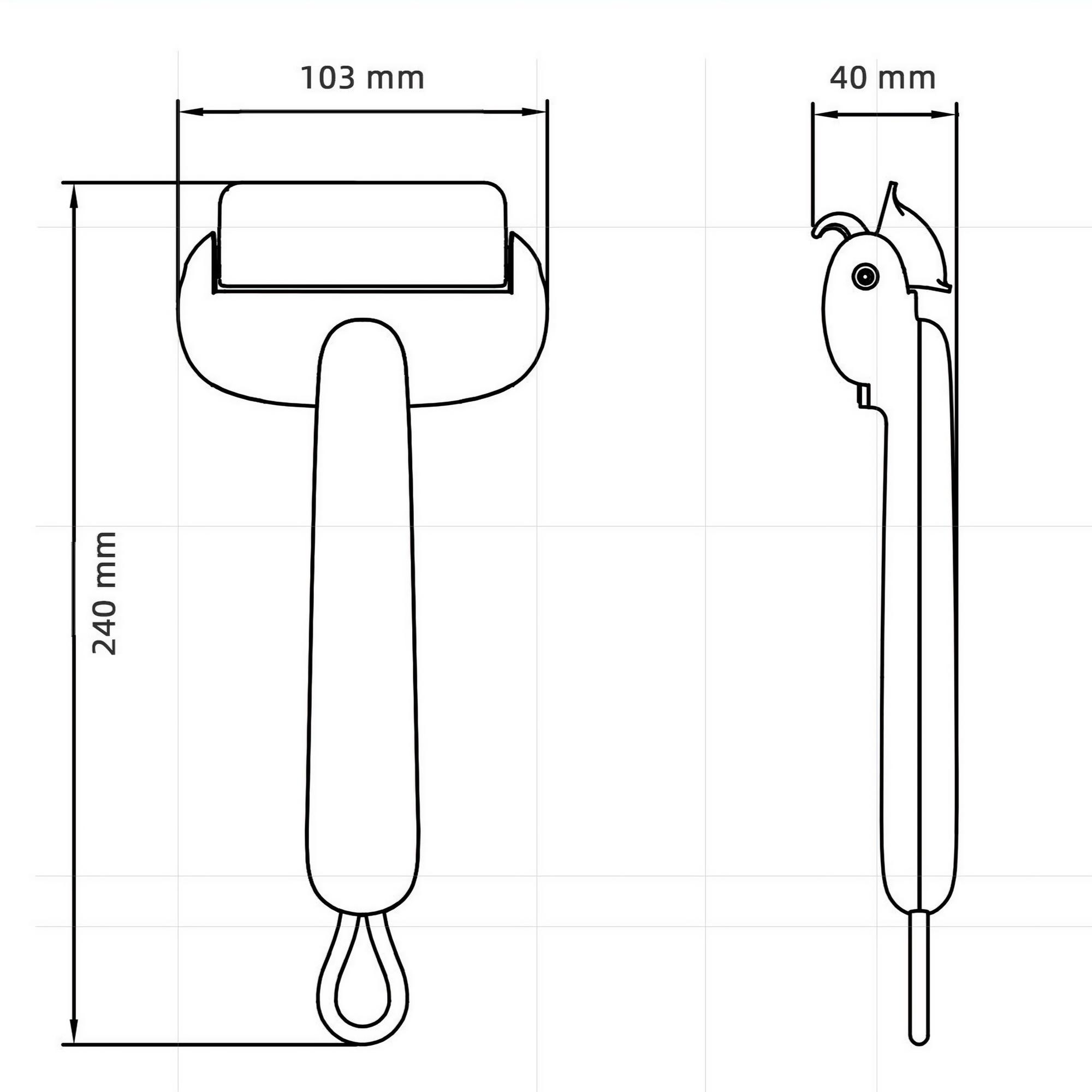 Diagramm eines Werkzeugs mit Maßen. Es hat eine Rolle und einen Griff mit einer Schlaufe. Maße sind beschriftet.