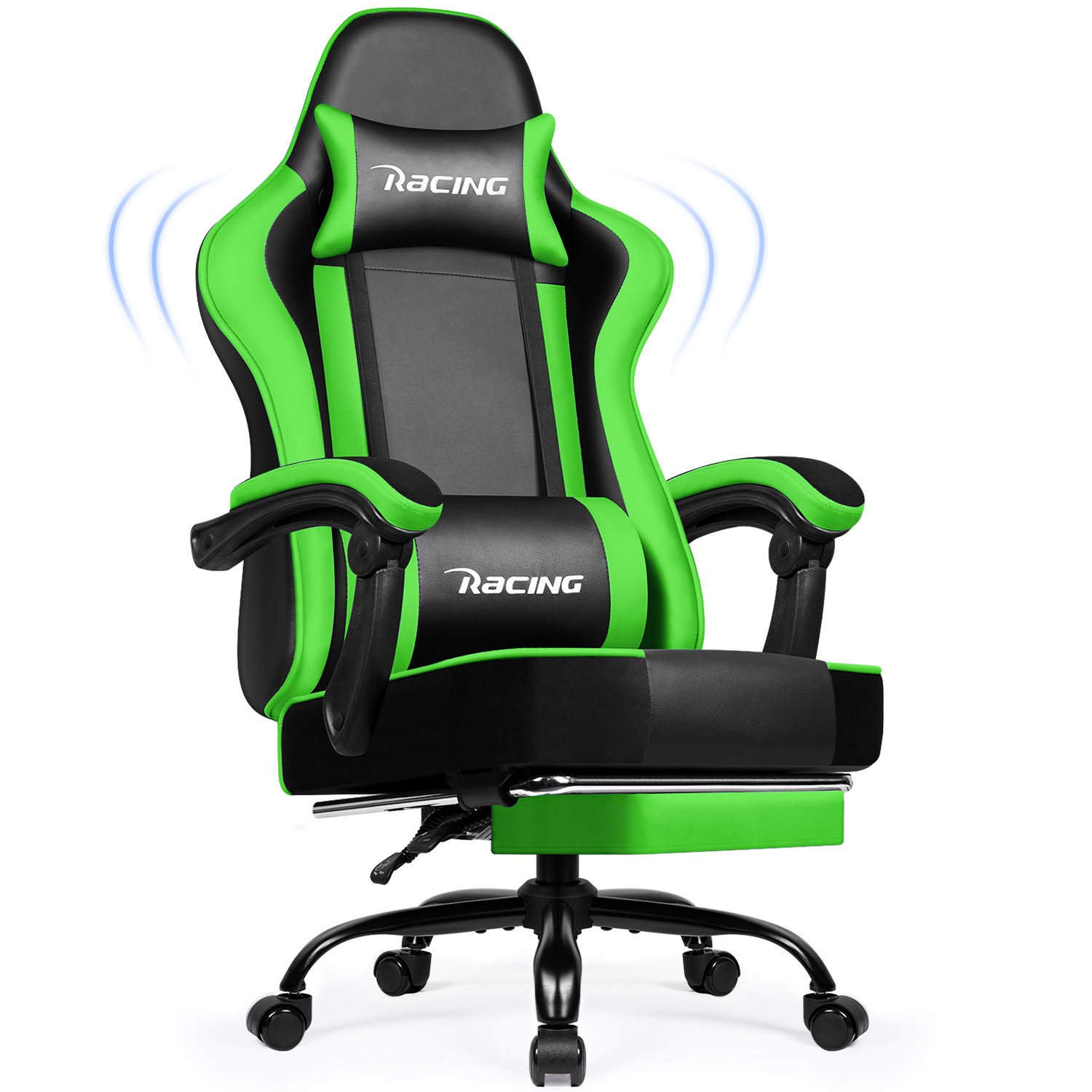 Ein grün-schwarzer Gaming-Stuhl mit 'Racing'-Logo. Er hat eine Fußstütze und steht auf Rollen. Der Stuhl steht vor weißem Hintergrund.