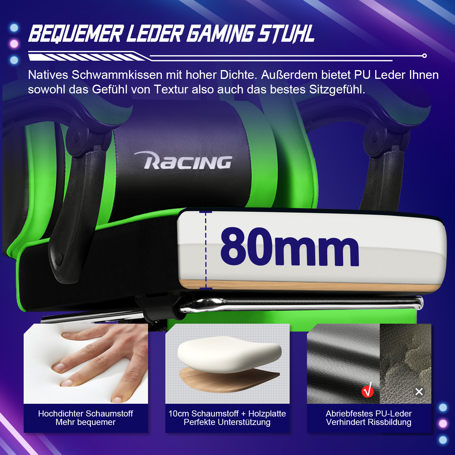 Gaming-Stuhl mit grünen Akzenten. Merkmale: hochdichter Schaumstoff, 10 cm Schaumstoff mit Holz und abriebfestes PU-Leder.