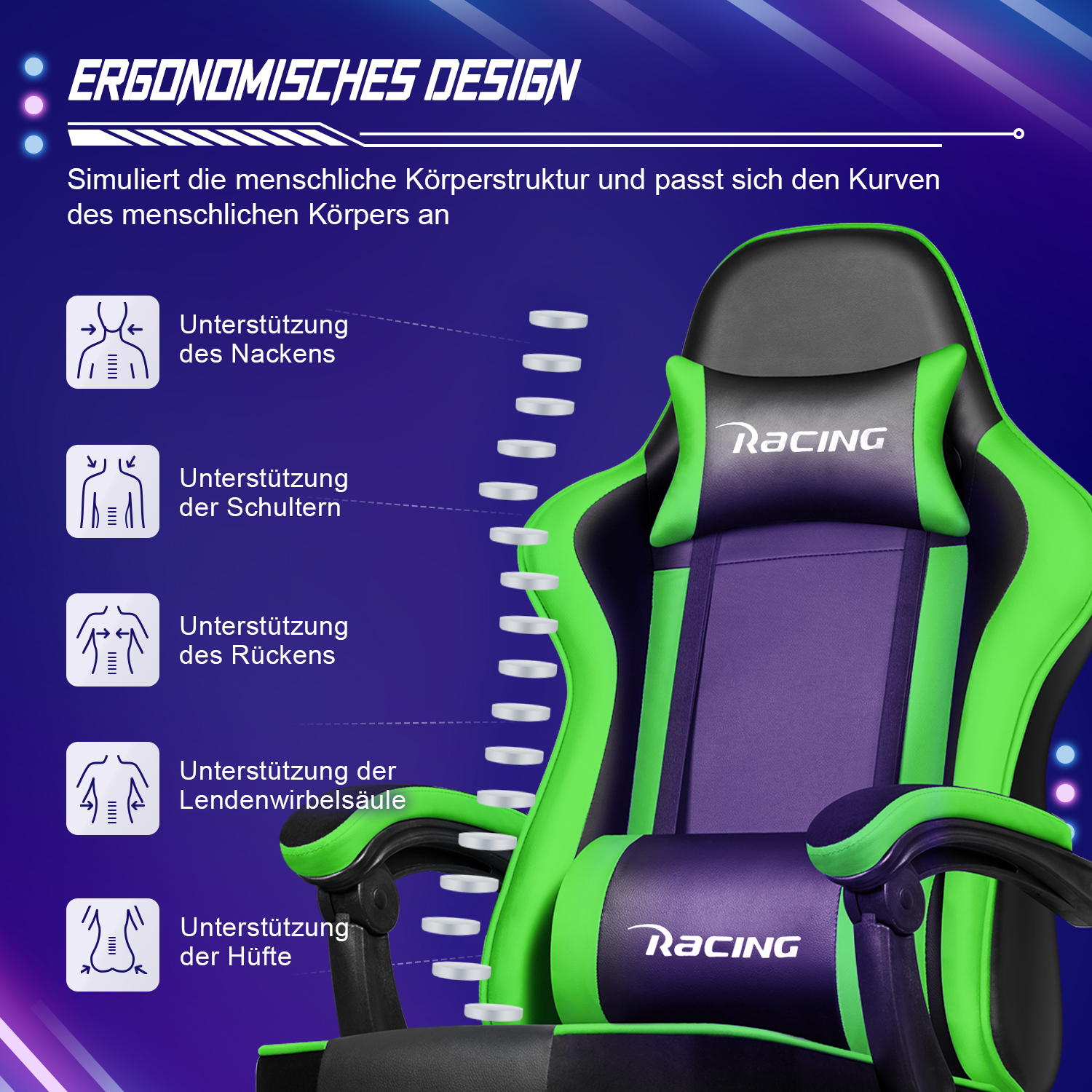 Ein grüner und schwarzer ergonomischer Gaming-Stuhl mit lila Akzenten. Der Stuhl hat Text mit der Aufschrift "Racing" und "Ergonomisches Design".