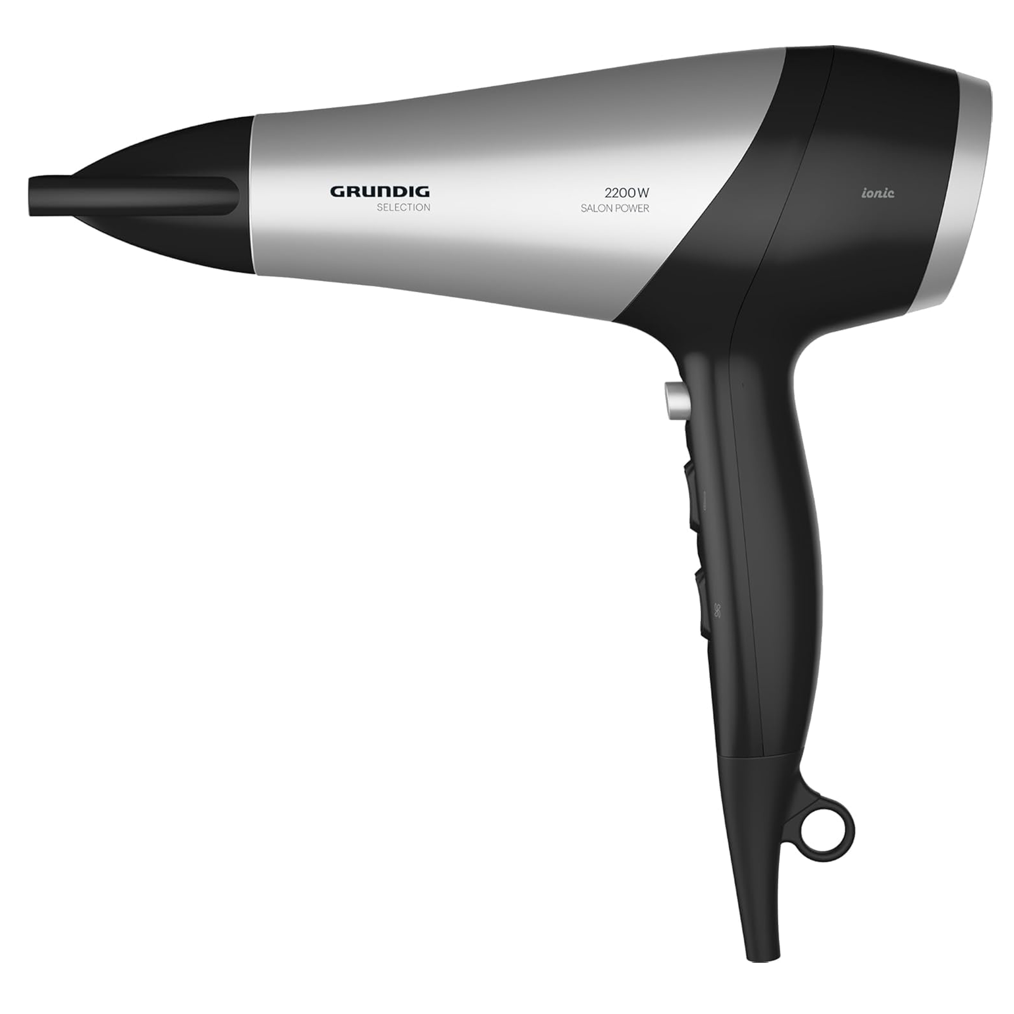 Ein Grundig-Haartrockner, silber und schwarz, mit Ionic-Funktion, 2200W, auf weißem Hintergrund.