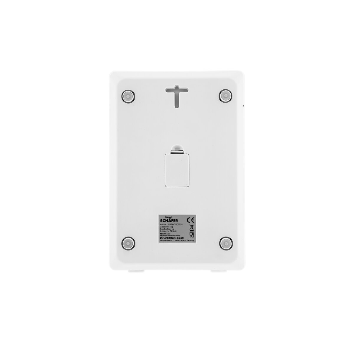 Rückseite einer weißen digitalen Küchenwaage. Sie hat ein Batteriefach, vier Gummifüße und einen Haken zum Aufhängen. Ein Etikett zeigt Details.