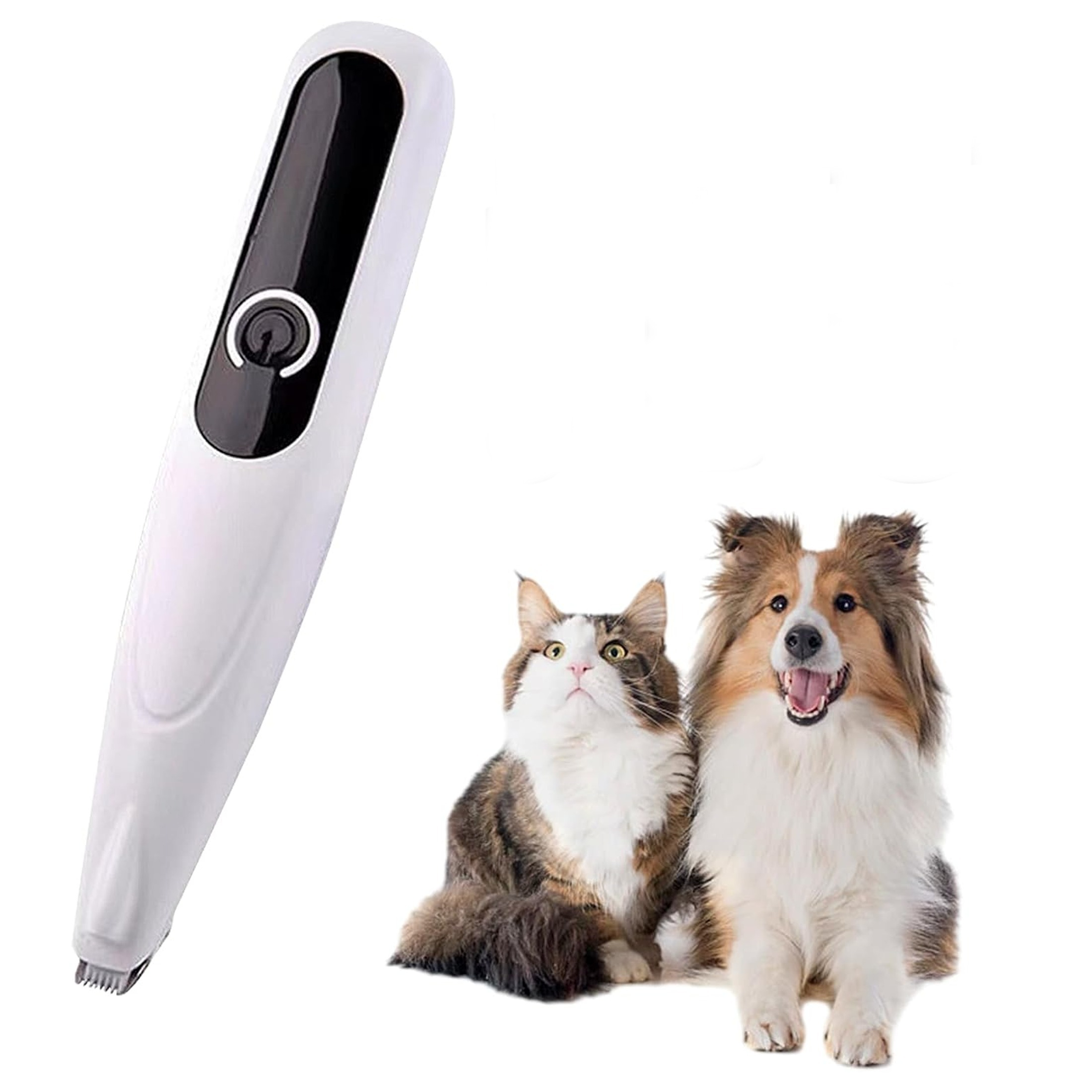 Ein weißer Haarschneider für Haustiere mit Katze und Hund. Die Katze schaut nach oben, der Hund lächelt.