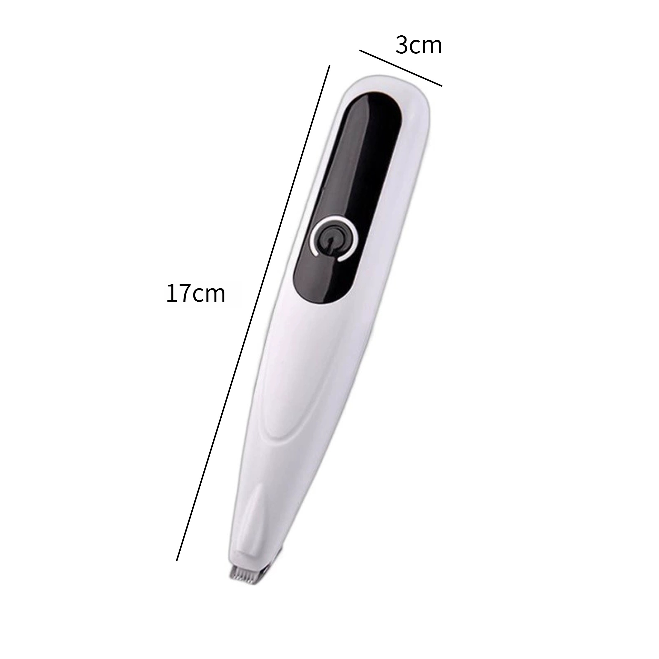 Ein weißer elektrischer Haarschneider. Er hat einen schwarzen Knopf und einen Trimmerkopf. Abmessungen sind beschriftet: 3 cm und 17 cm.