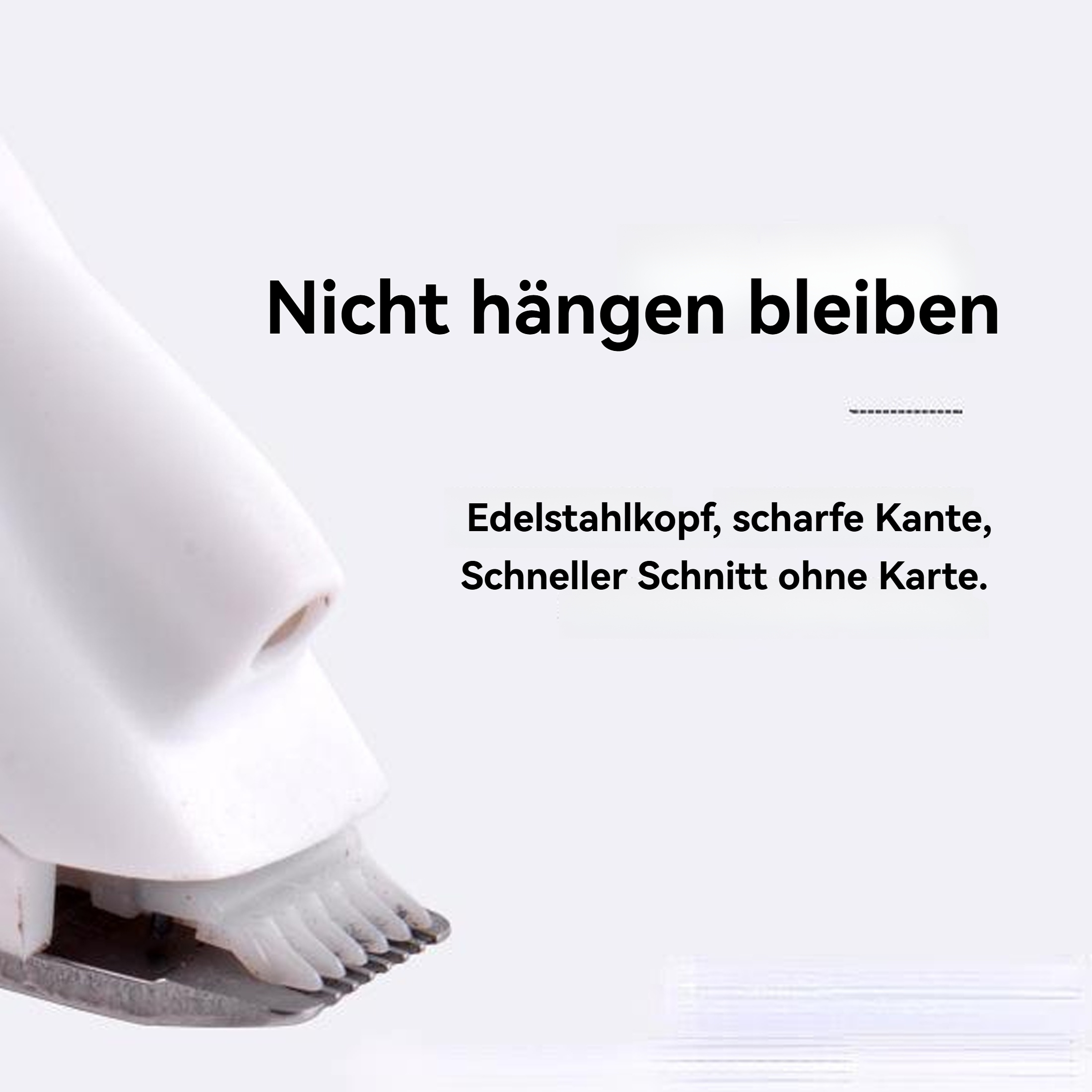 Nahaufnahme eines weißen Elektrorasierers mit deutschem Text. Der Rasierer hat einen Stahlkopf und scharfe Kanten.