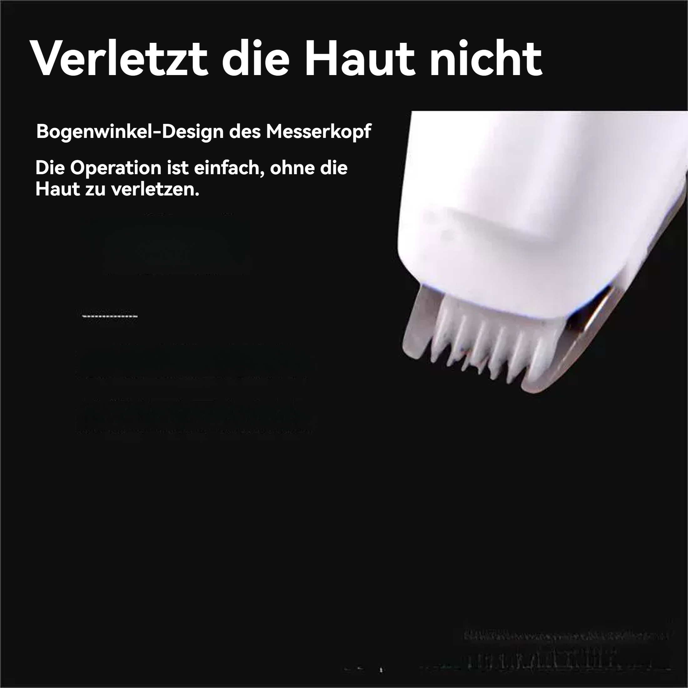 Das Bild zeigt einen weißen Rasiererkopf mit Klingen vor schwarzem Hintergrund. Text auf Deutsch sichtbar.