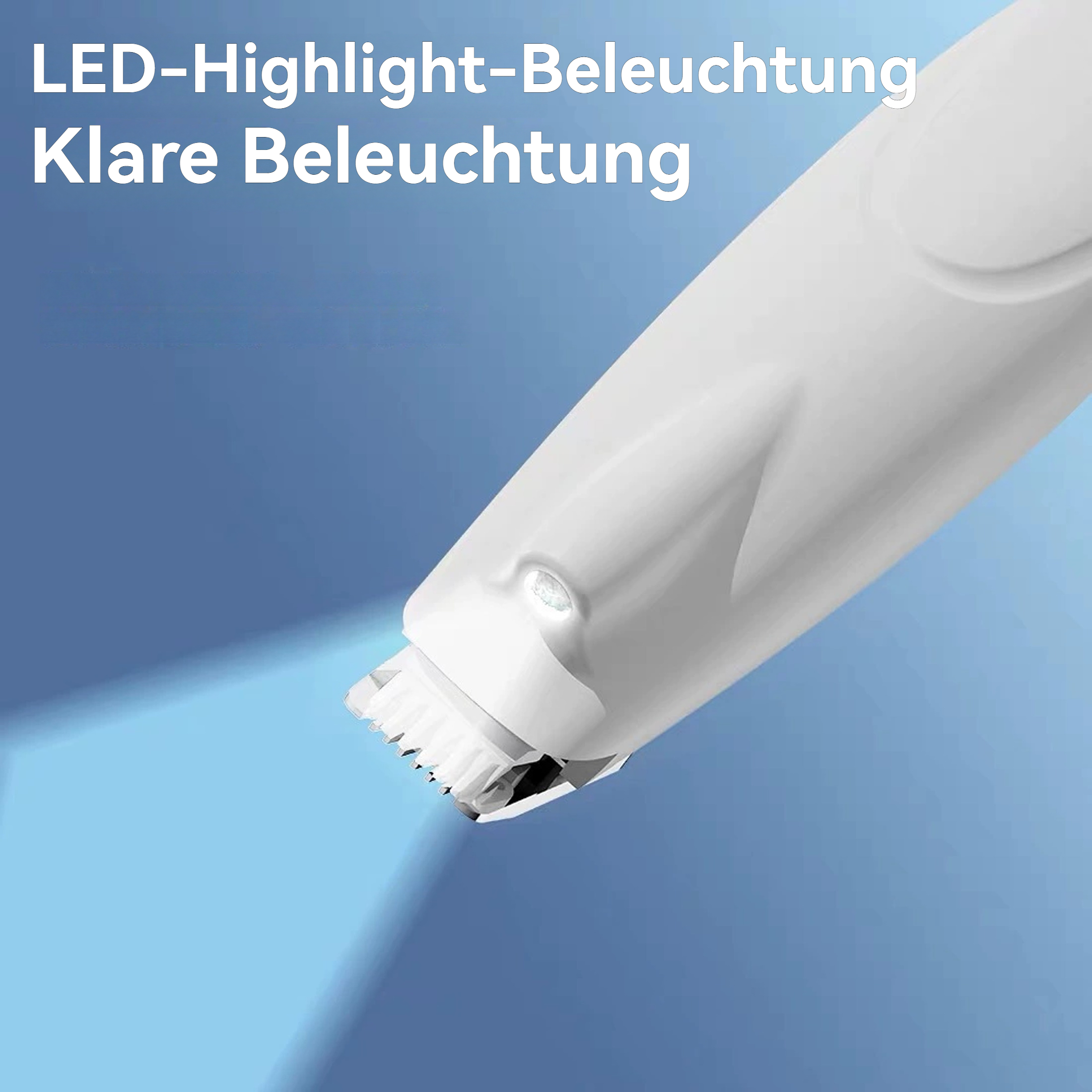 Nahaufnahme eines weißen Elektrorasierers mit LED-Licht vor blauem Hintergrund, Produktaufnahme.