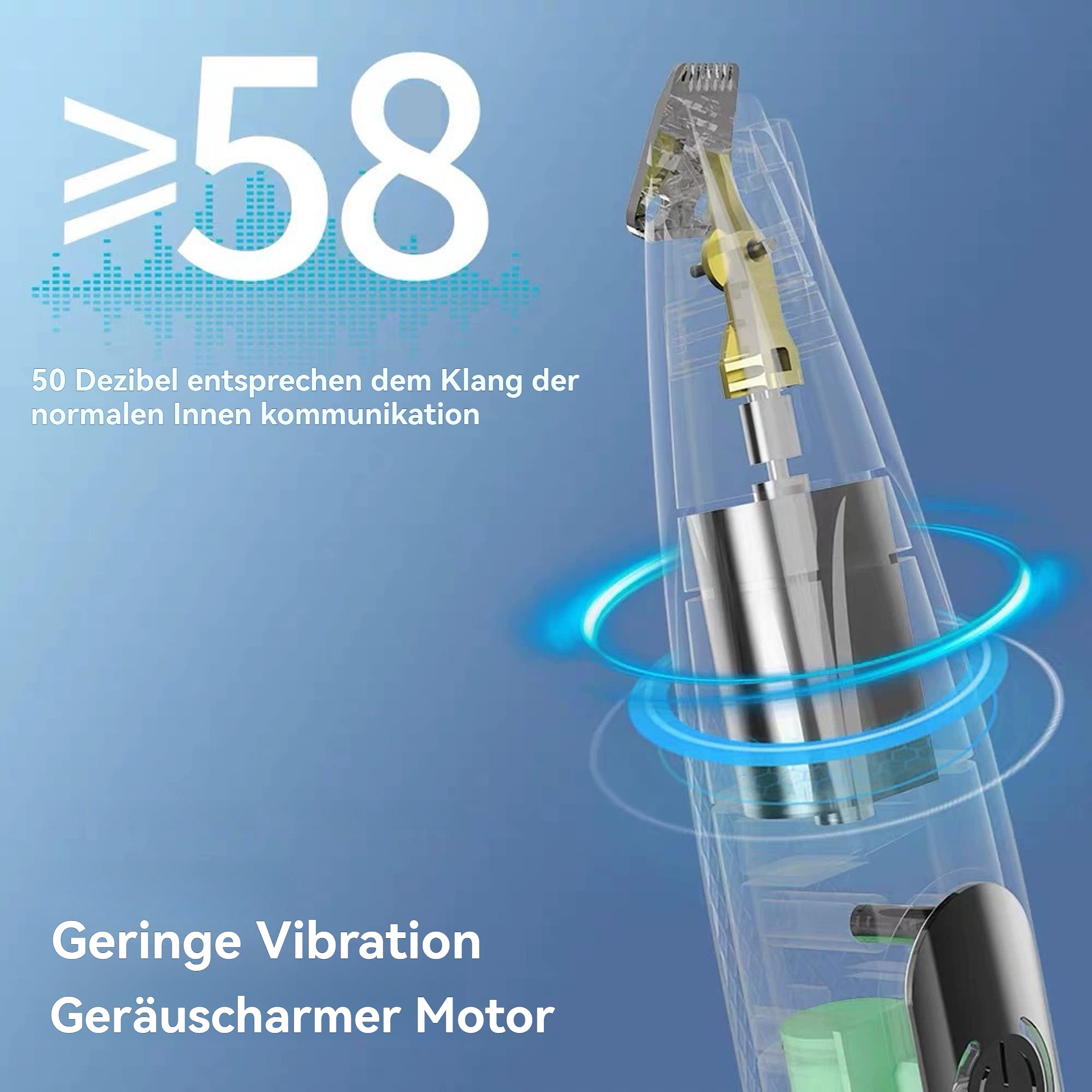 Das Bild zeigt einen Rasierer mit Text über seine geringe Vibration und seinen leisen Motor. Große Zahl 58 ist sichtbar.