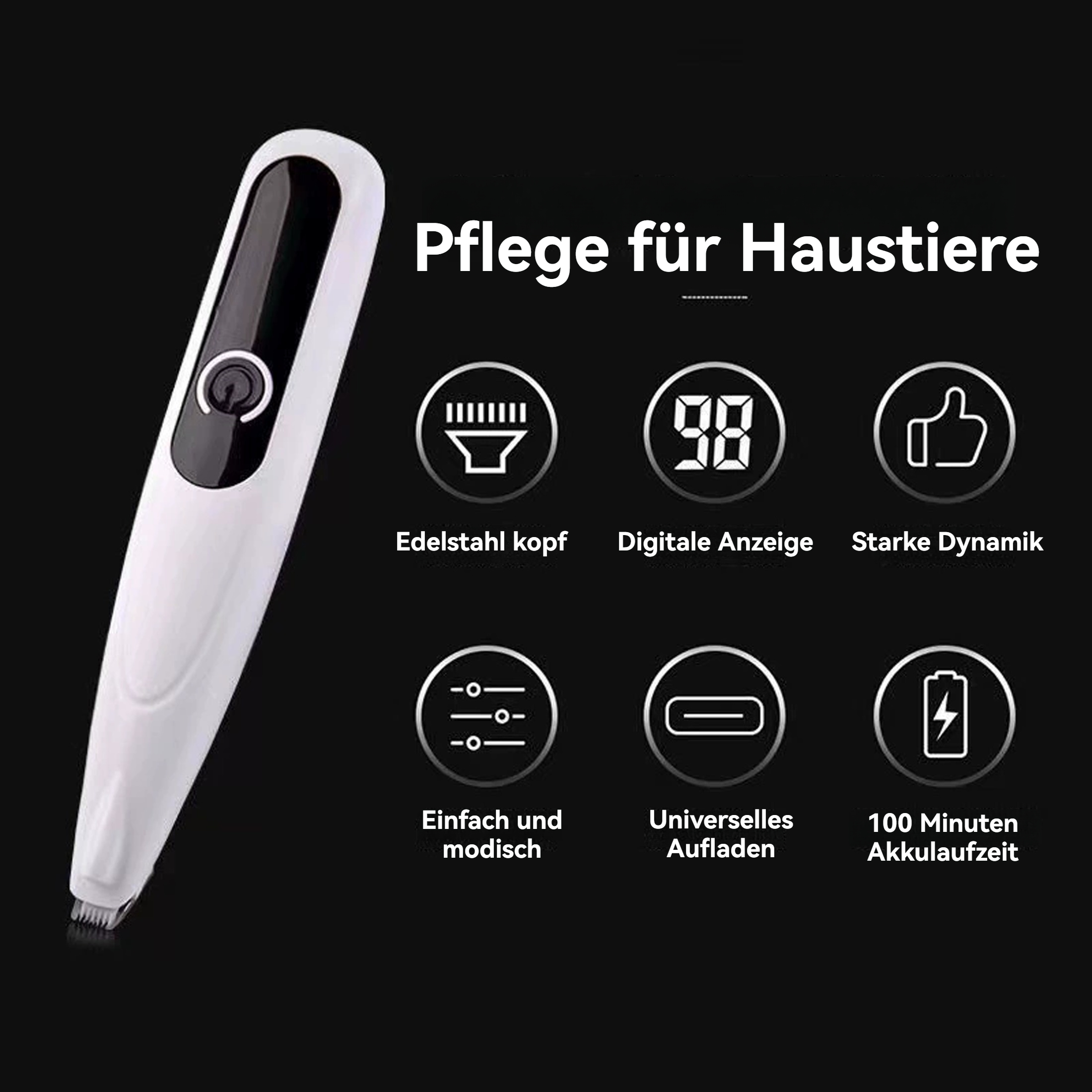 Weißes Haustierpflegegerät mit schwarzen Akzenten. Merkmale umfassen Edelstahlkopf, Digitalanzeige und 100-Minuten-Akku.