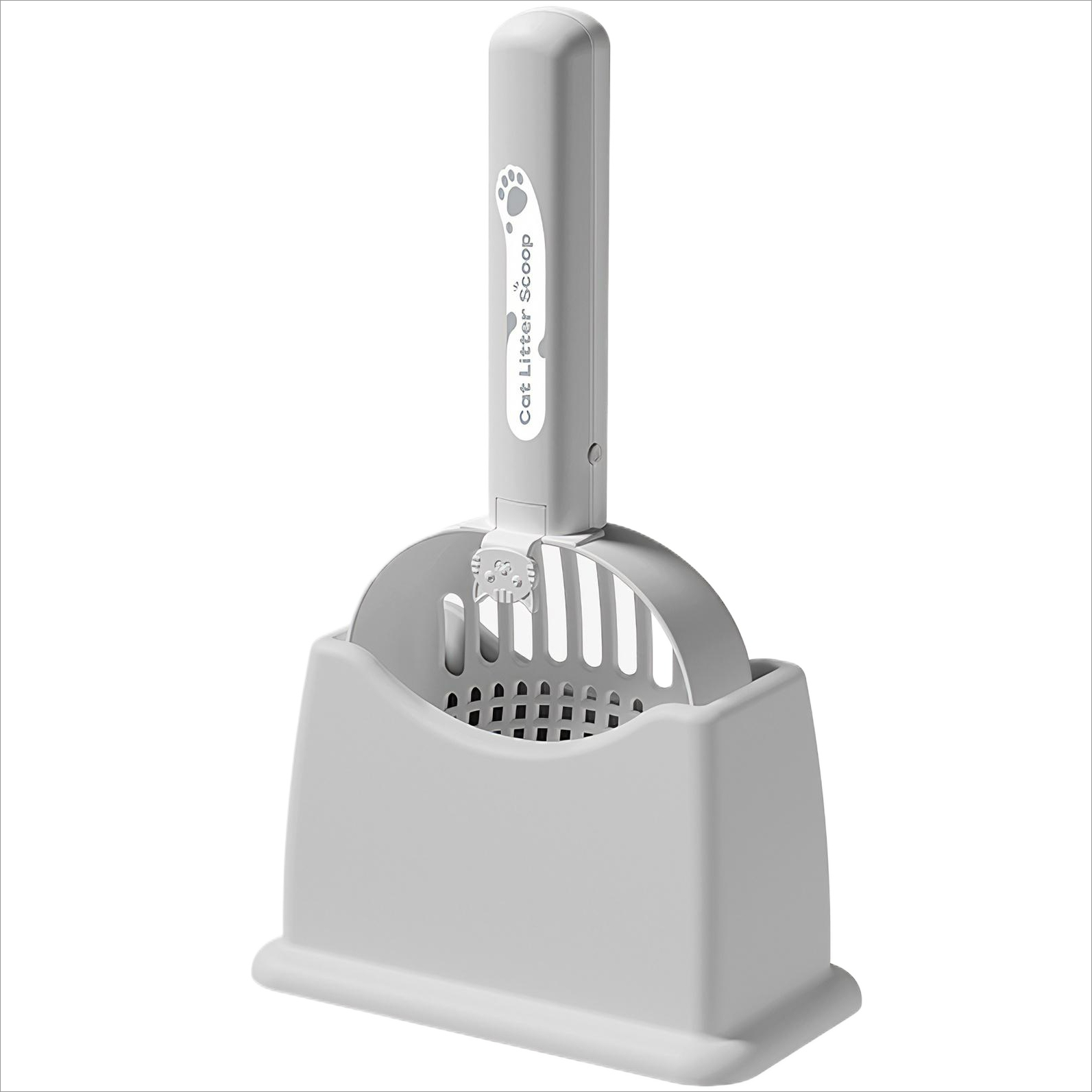 Graue Katzenstreuschaufel mit Halter. Die Schaufel hat einen Pfotenabdruck und den Text 'Cat Litter Scoop'.