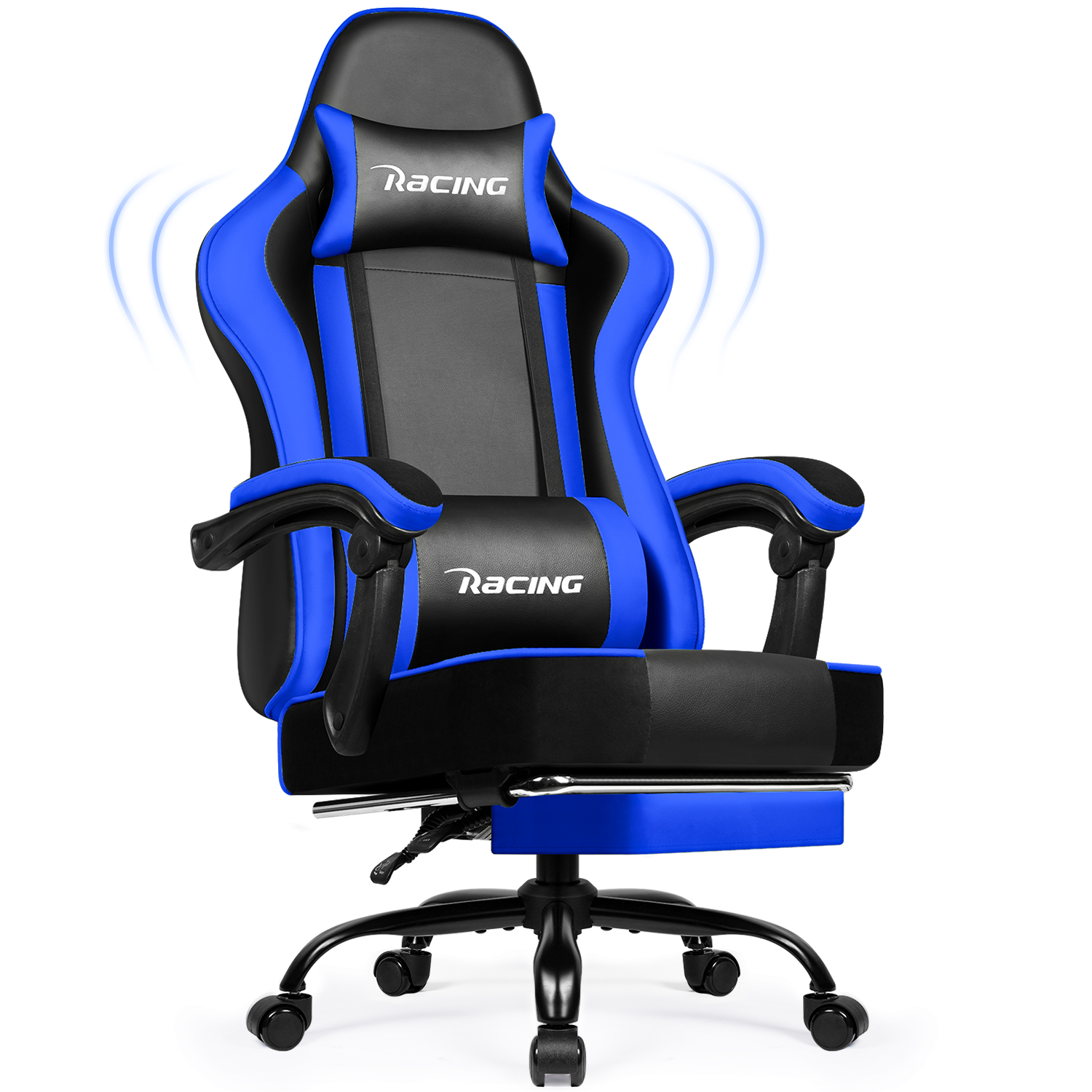Ein blau-schwarzer Racing-Gaming-Stuhl auf weißem Hintergrund. Er hat Räder, eine Kopfstütze und das Wort "RACING" darauf.