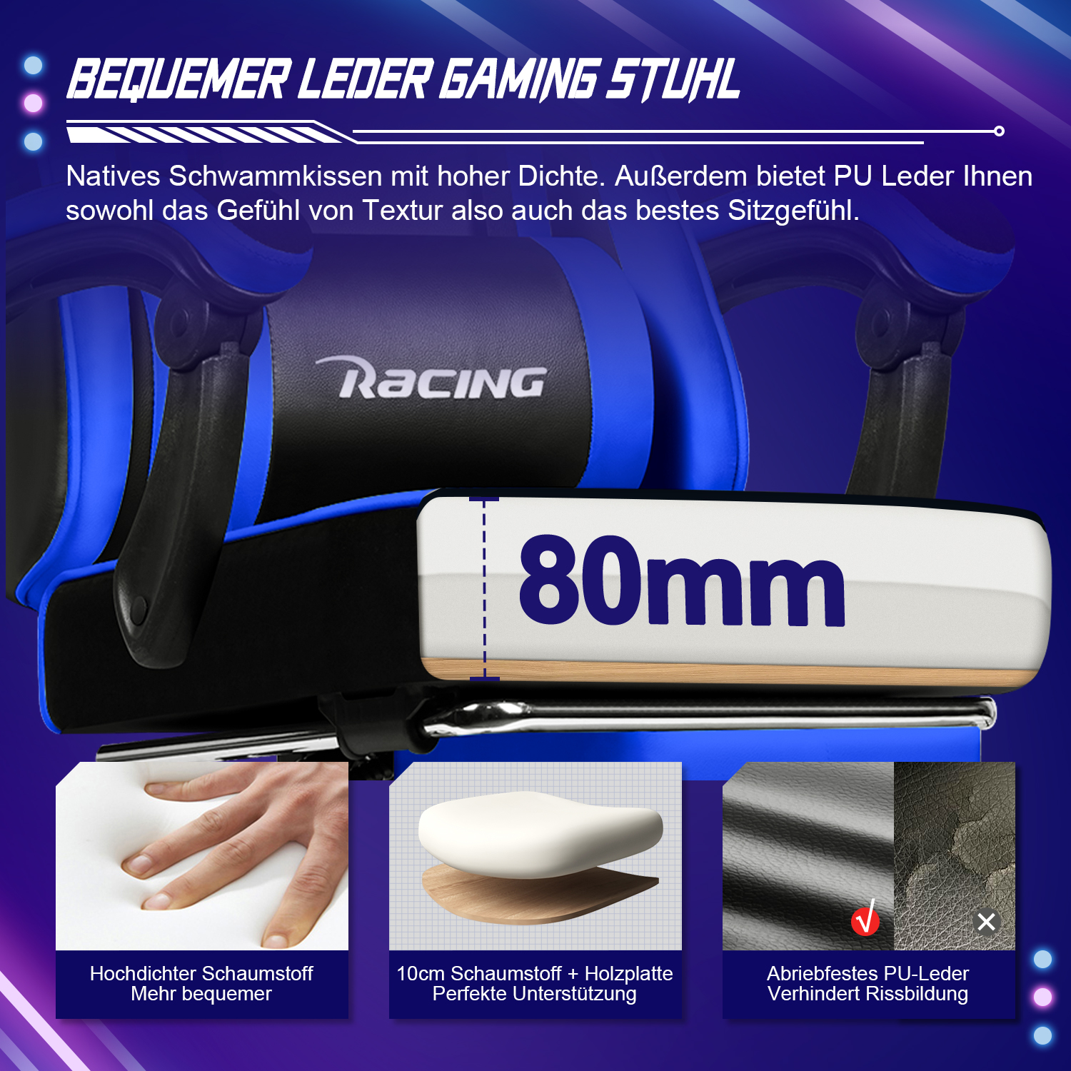 Gaming-Stuhl mit blauen und schwarzen Details. Er hat das Wort "Racing" und Eigenschaften des Stuhls werden ebenfalls angezeigt.