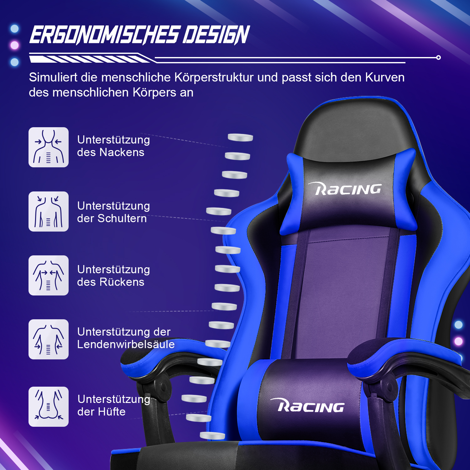 Blauer und schwarzer ergonomischer Gaming-Stuhl mit Stützpunkten und "Racing"-Logo. Text auf Deutsch beschreibt ergonomisches Design und Unterstützung.