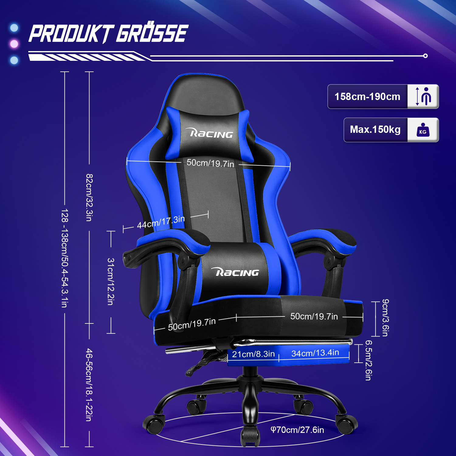 Gaming-Stuhl mit blauem und schwarzem Design, Maße und Textbeschriftungen sind auf dem Bild.