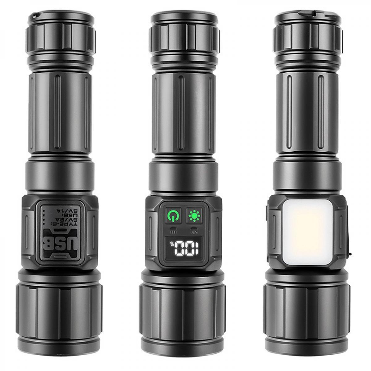 Drei schwarze Taschenlampen mit unterschiedlichen Displays. Die linke hat einen USB-Anschluss. Die mittlere zeigt einen Ein- und Ausschalter und Batteriestand.