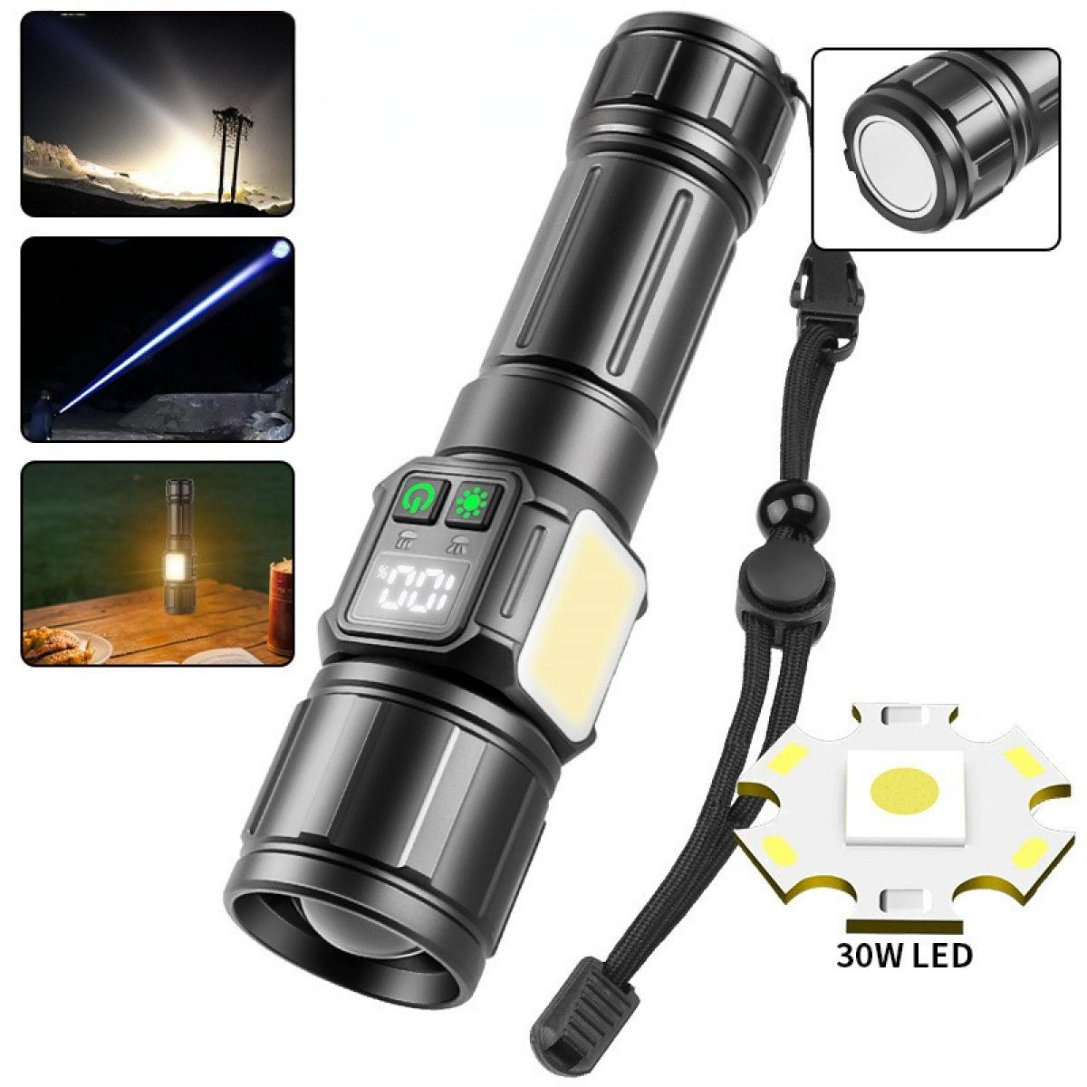 Schwarze Taschenlampe mit verschiedenen Lichteinstellungen, LED und Trageriemen. Enthält zusätzliche Bilder.