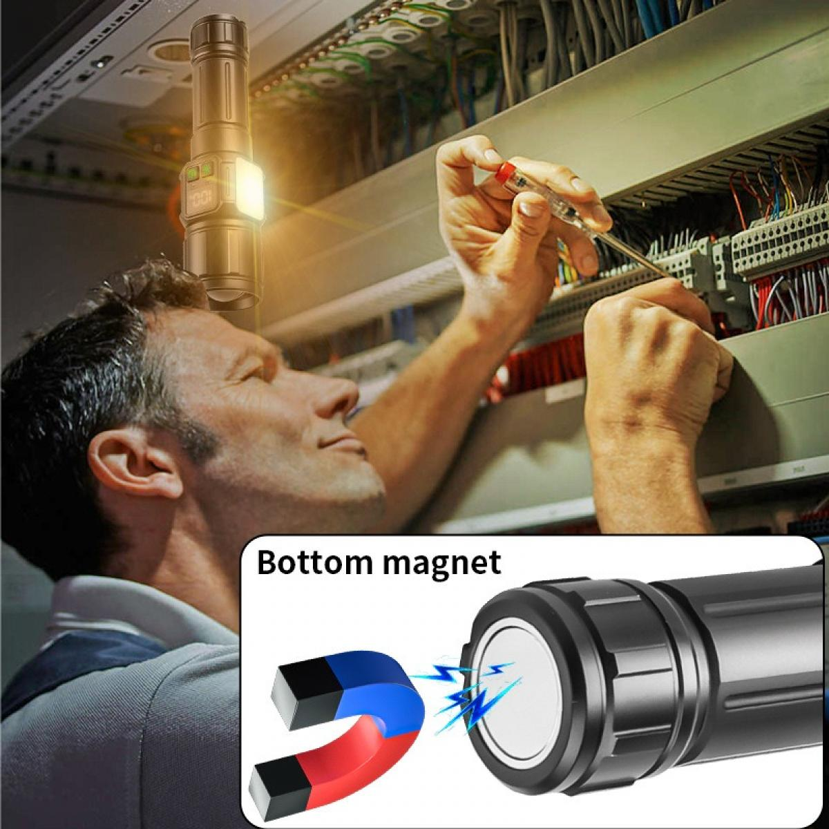 Ein Mann arbeitet mit einem Schraubenzieher an einer Tafel mit Drähten. Eine Taschenlampe beleuchtet die Szene. Magnetdetail gezeigt.