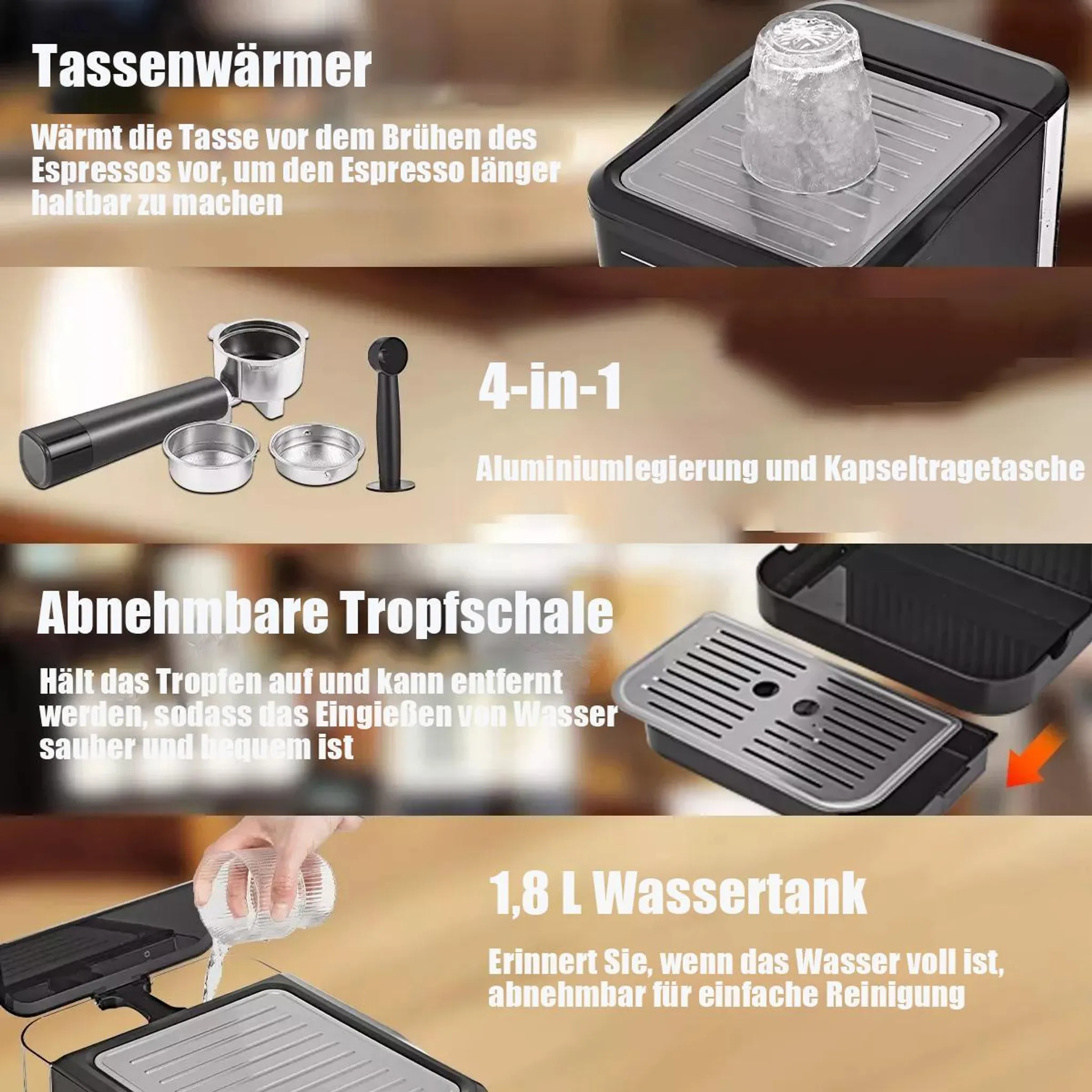 Espressomaschine mit Tasse, Komponenten und Textbeschreibungen von Funktionen.