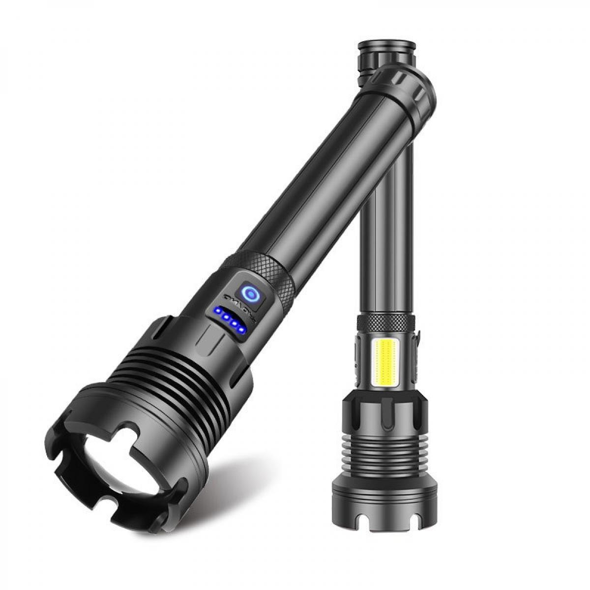 Zwei schwarze Taschenlampen. Eine ist abgewinkelt und zeigt eine blaue Lichtanzeige. Die andere ist vertikal mit gelbem Lichtpanel.