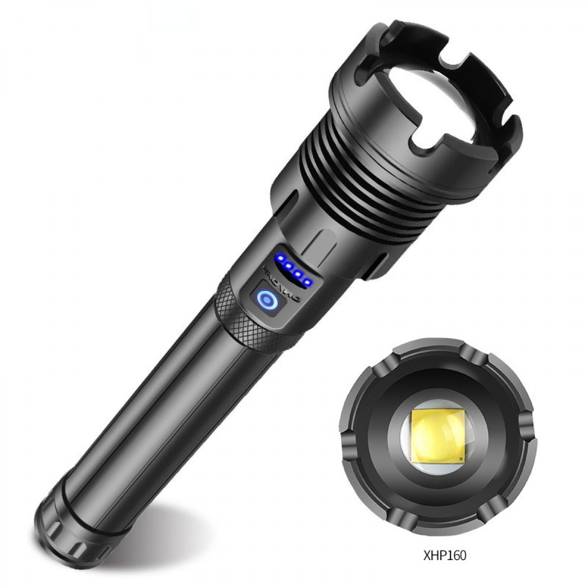 Eine schwarze Taschenlampe mit Ein-/Aus-Taste und Batteriestandsanzeige. Ein weiteres Bild zeigt die LED des Lichts.