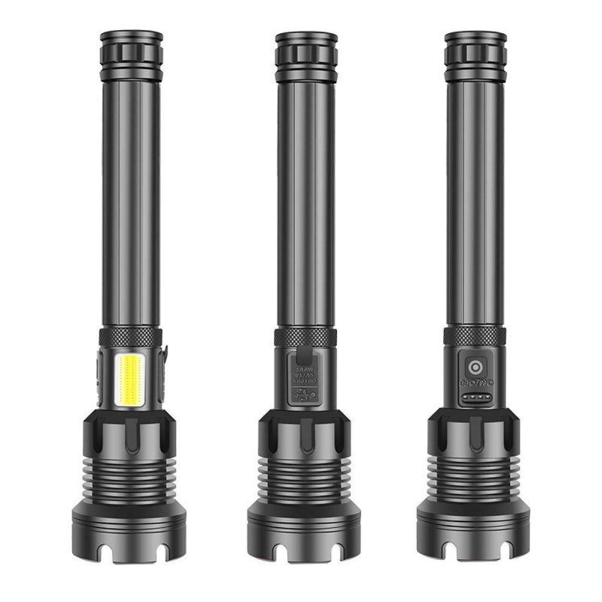 Drei schwarze Taschenlampen sind in einer Reihe angeordnet. Jede hat einen geriffelten Griff und einen zylindrischen Körper. Die erste hat ein gelbes Licht.