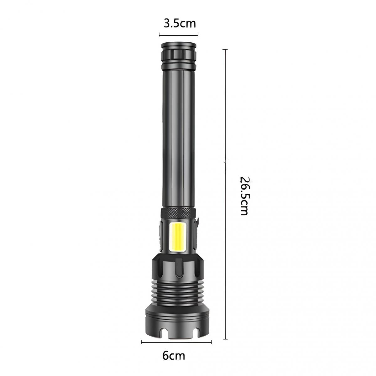 Eine schwarze Taschenlampe mit den Maßen 3,5 cm, 26,5 cm und 6 cm. Sie hat ein Licht und einen geriffelten Griff.