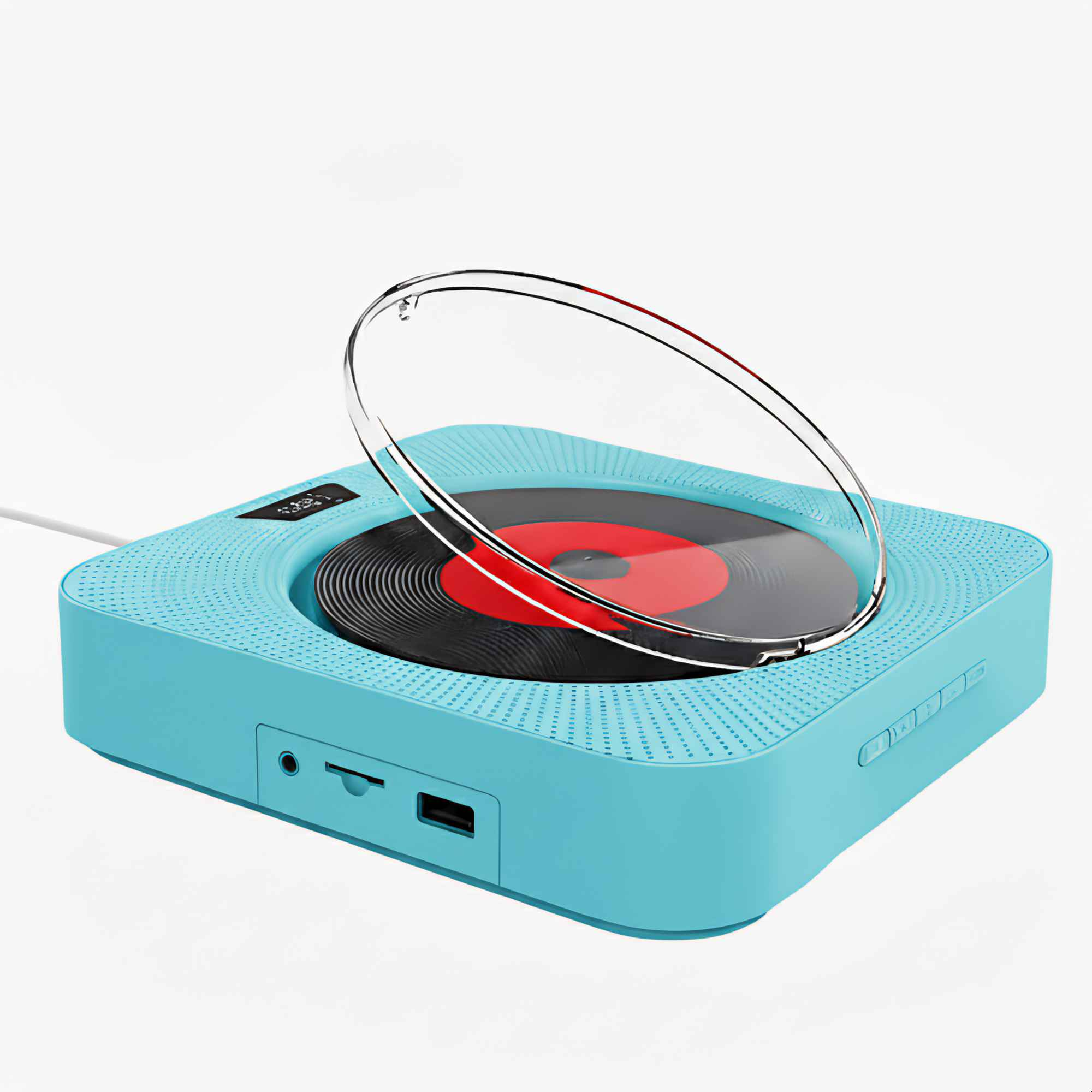 Ein blauer Plattenspieler mit einer Vinylplatte. Eine transparente Abdeckung ist geöffnet. Weißer Hintergrund.