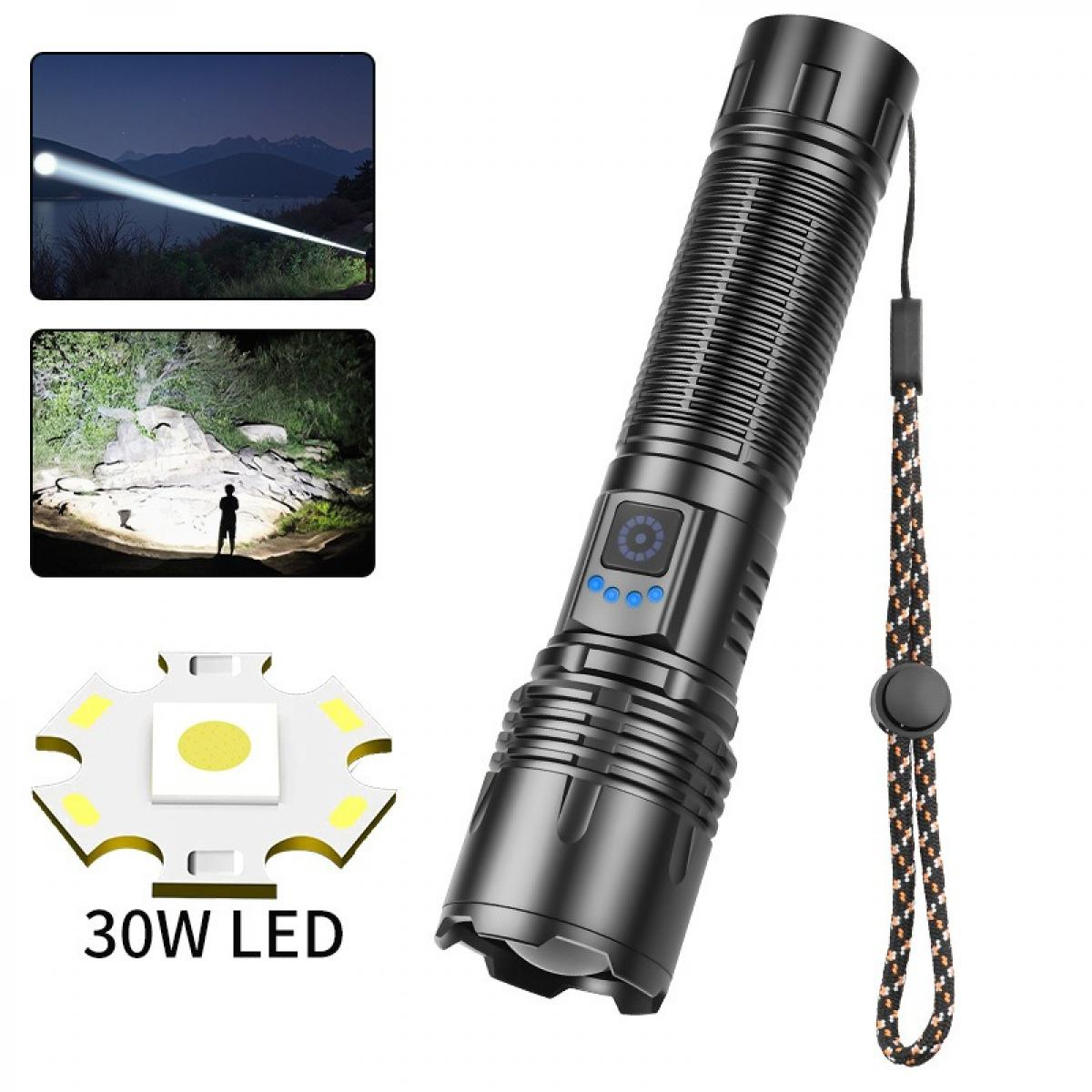 Eine schwarze Taschenlampe mit Handschlaufe. Insets zeigen den Lichtstrahl der Taschenlampe bei Nacht und die LED-Leuchte.